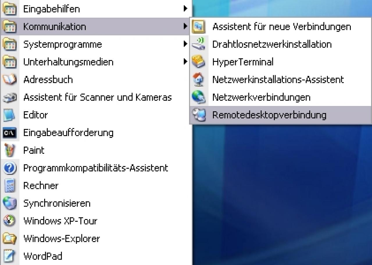 [07/09/2007] Starten Sie die „PC-Fernsteuerung“, indem Sie unter „Zubehör“ – „Kommunikation“ – „Remotedesktop-Verbindung“ anwählen.