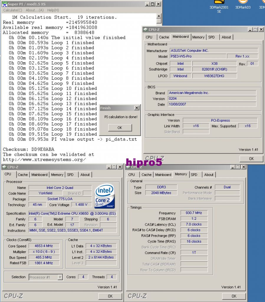 [18/10/2007] Super Pi 1M 4653 MHz bei 1.49 VCore in 9.953s