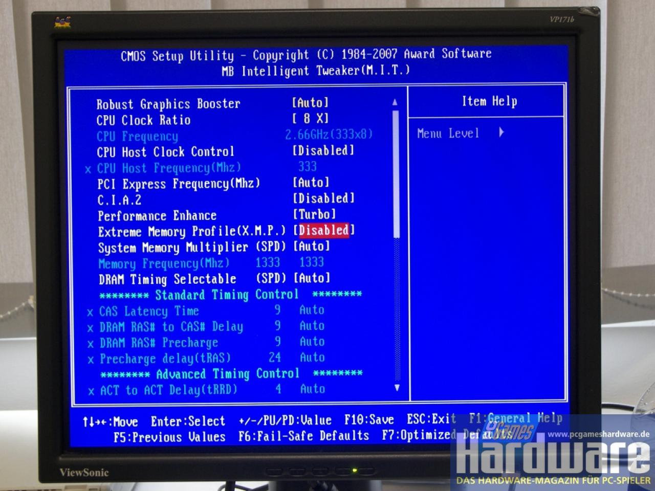 [27/11/2007] Das BIOS vom Gigabyte X38T-DQ6 mit deaktiviertem XMP (Bild: PCGH)