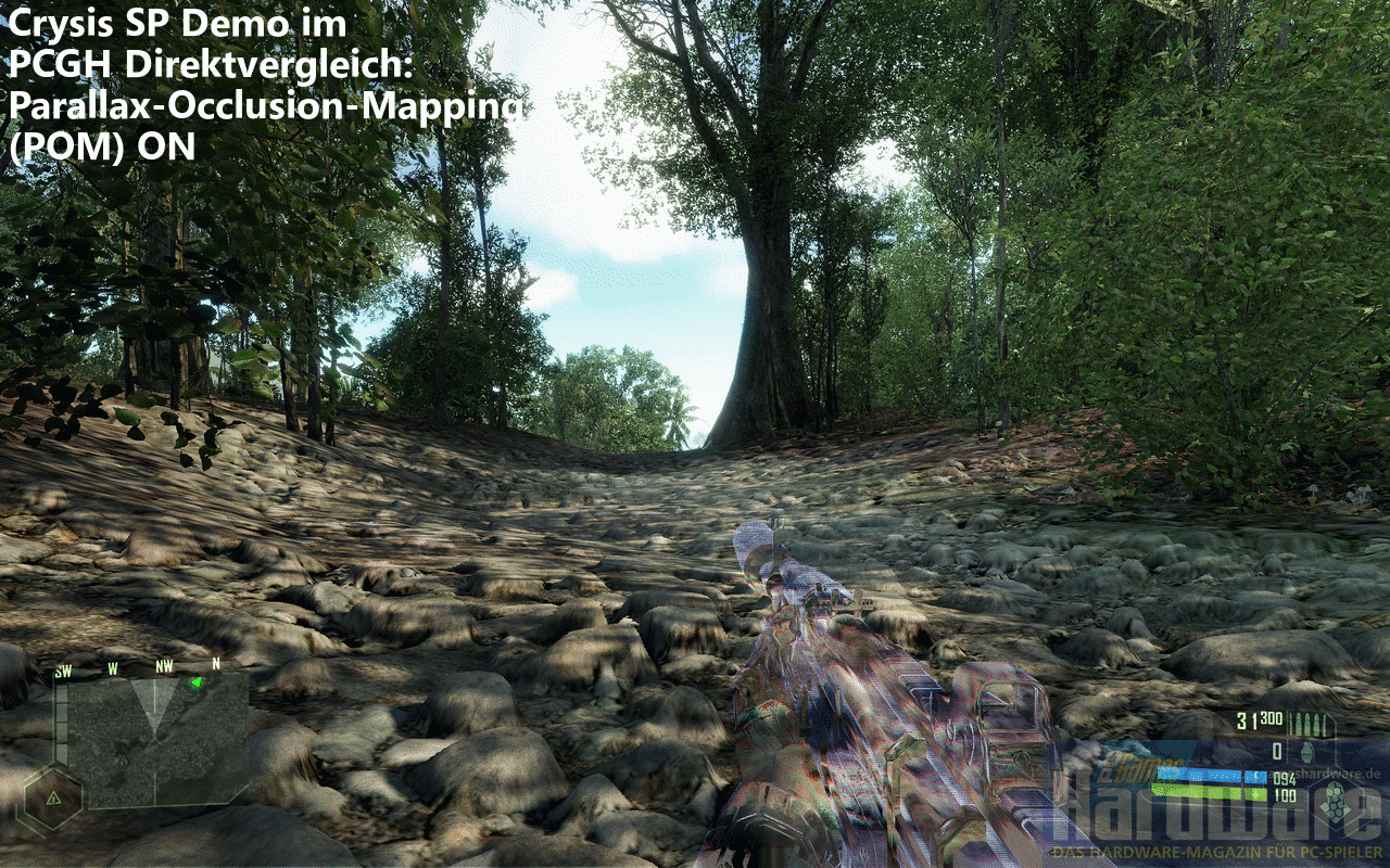 [02/11/2007] Crysis SP Demo(2.560x1.600, 4x MSAA, 16:1 AF): Parallax Occlussion Mapping Direktvergleich (Bild: PCGH)