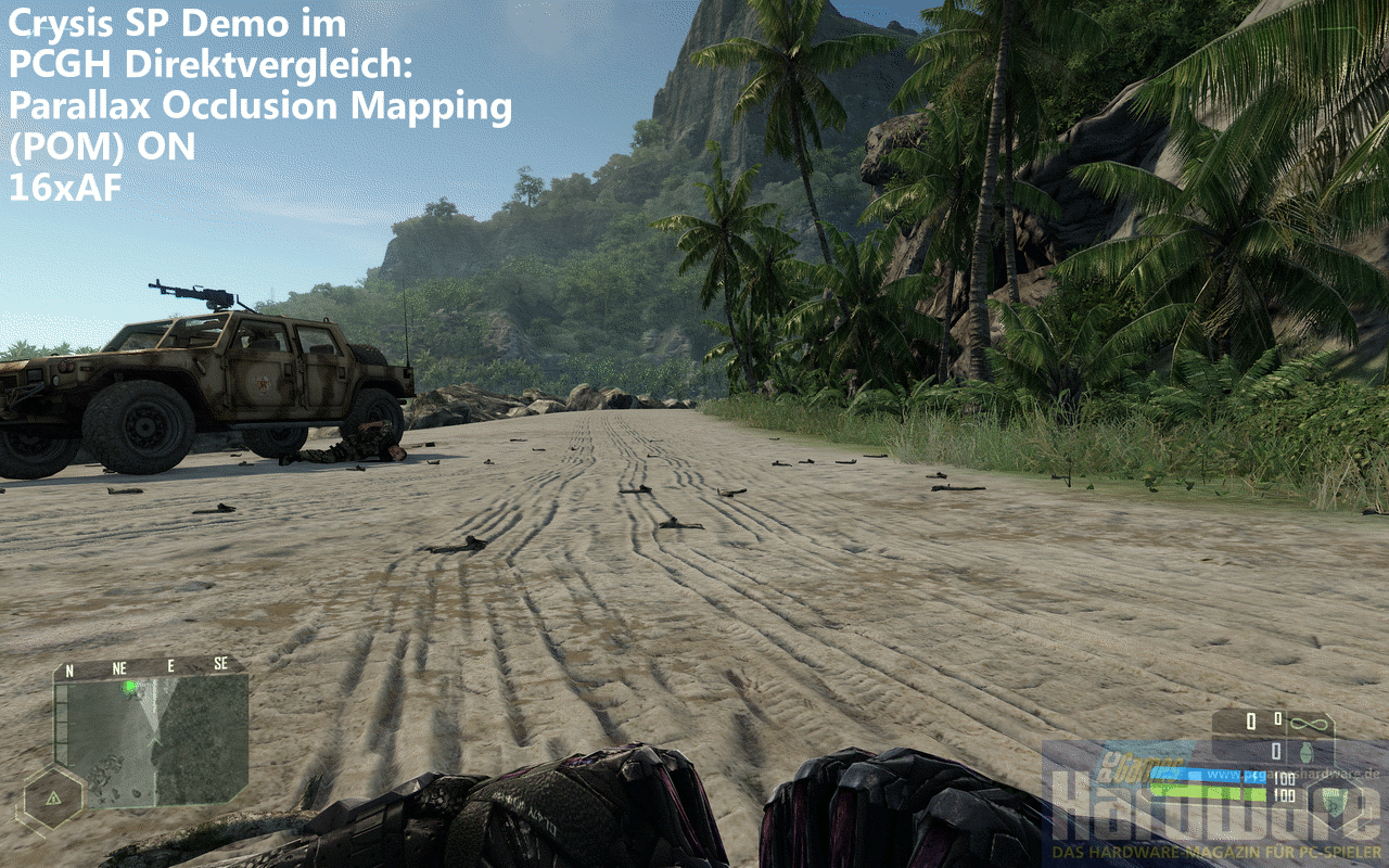 [02/11/2007] Crysis SP Demo(2.560x1.600, 4x MSAA, 16:1 AF): Parallax Occlussion Mapping mit AF Direktvergleich (Bild: PCGH)