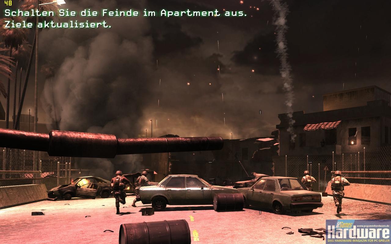 [15/12/2007] Call of Duty 4 in 2.560x1.600 mit 4x FSAA und 16:1 - dank Drei-Wege-SLI mit mehr als 45 Fps spielbar - beachten Sie die Fps-Anzeige oben links. (Bild: PCGH)