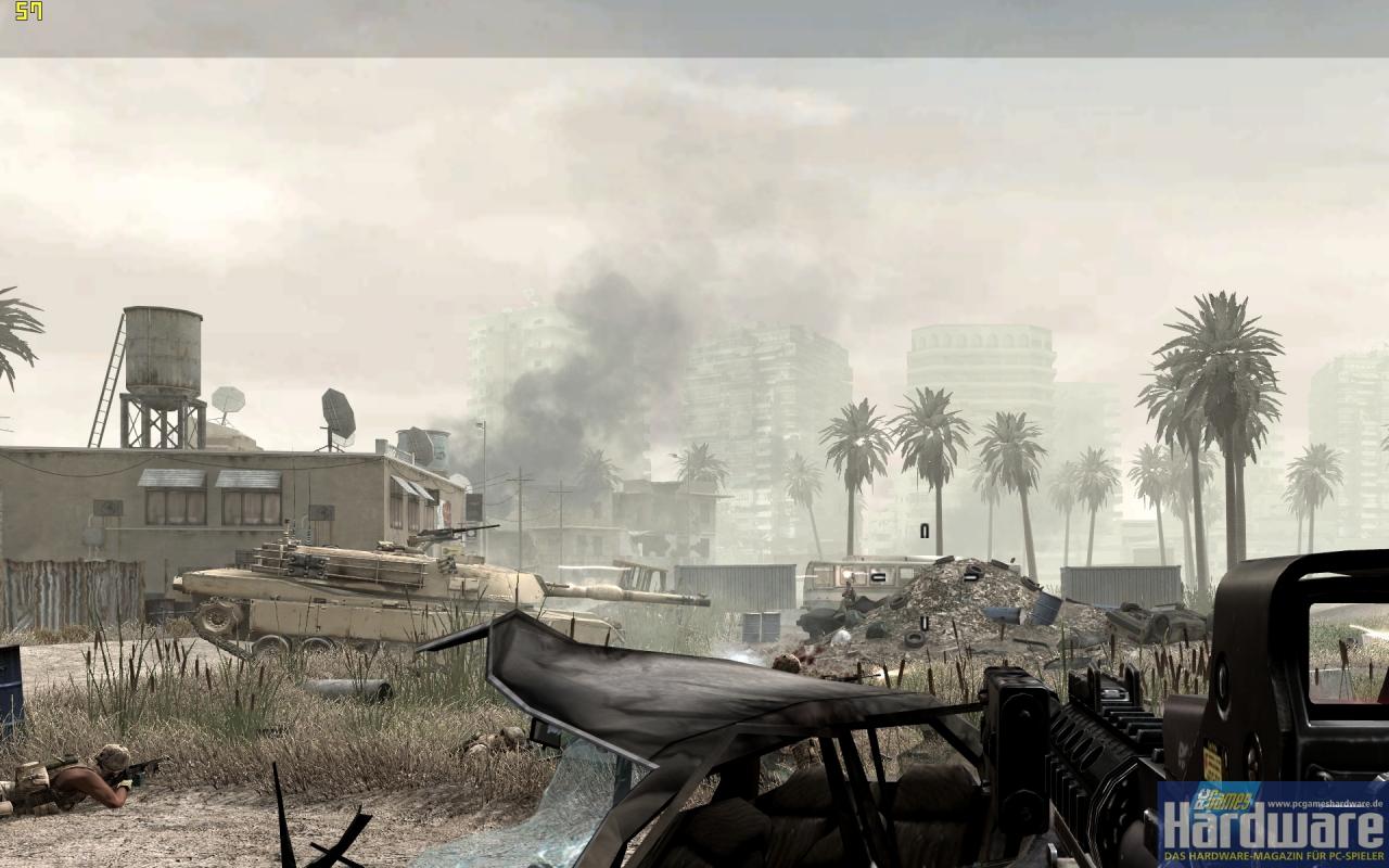 [15/12/2007] Call of Duty 4 in 2.560x1.600 mit 4x FSAA und 16:1 - dank Drei-Wege-SLI mit mehr als 45 Fps spielbar - beachten Sie die Fps-Anzeige oben links. (Bild: PCGH)