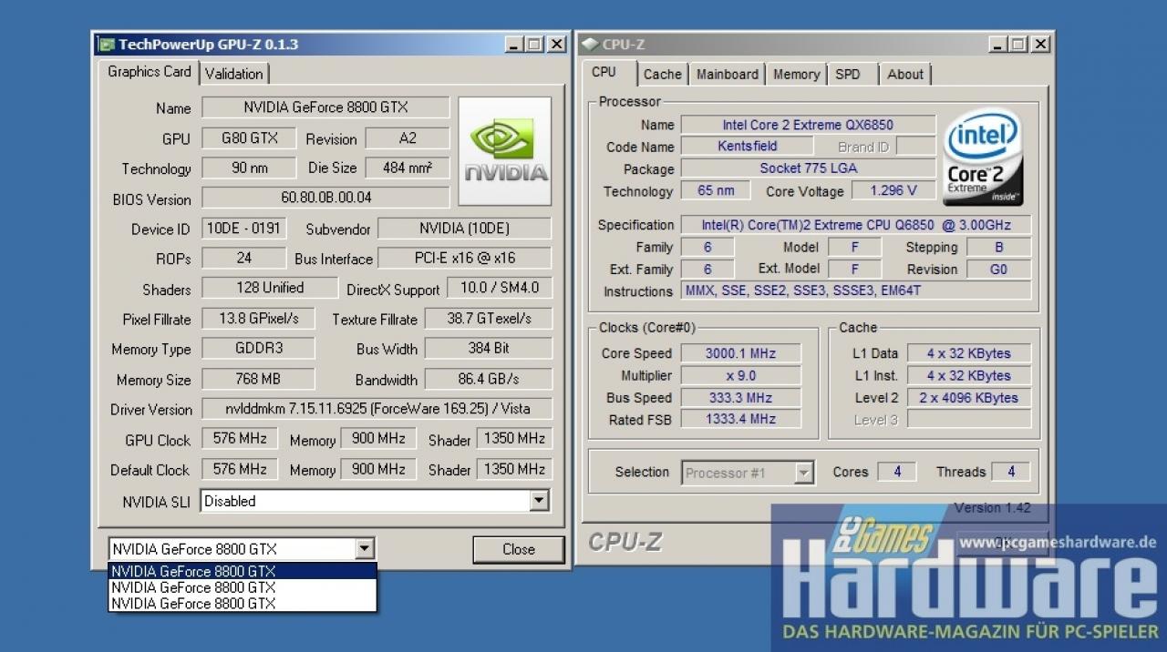 [15/12/2007] Unser Testsystem: drei 8800 GTX mit Standardtakt und Intels 3-GHz-Quad-Core Core 2 Extreme QX6850. (Bild: PCGH)