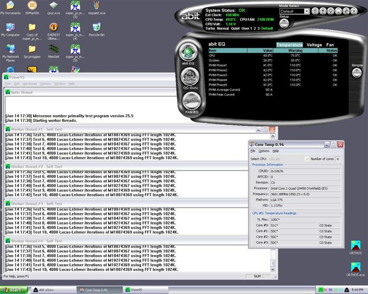 [20/01/2008] Das Tool Prime95 startet für jeden Kern des Intel Q9450 eine Instanz und lastet diesen voll aus (Bild: Xtremesystems.org)