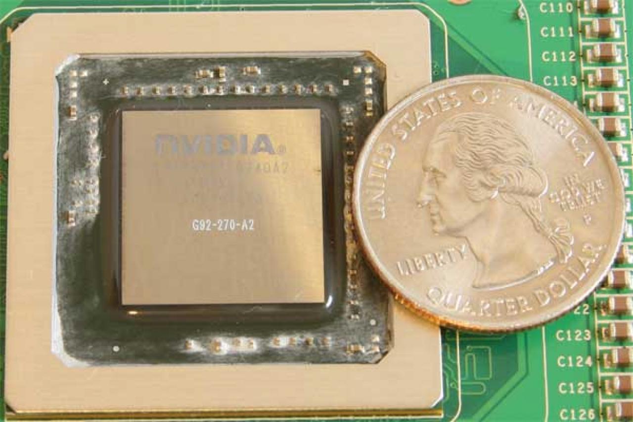 [18/01/2008] Größenvergleich: Hier der der G92 der Geforce 8800 GT (Bild: pcper.com)