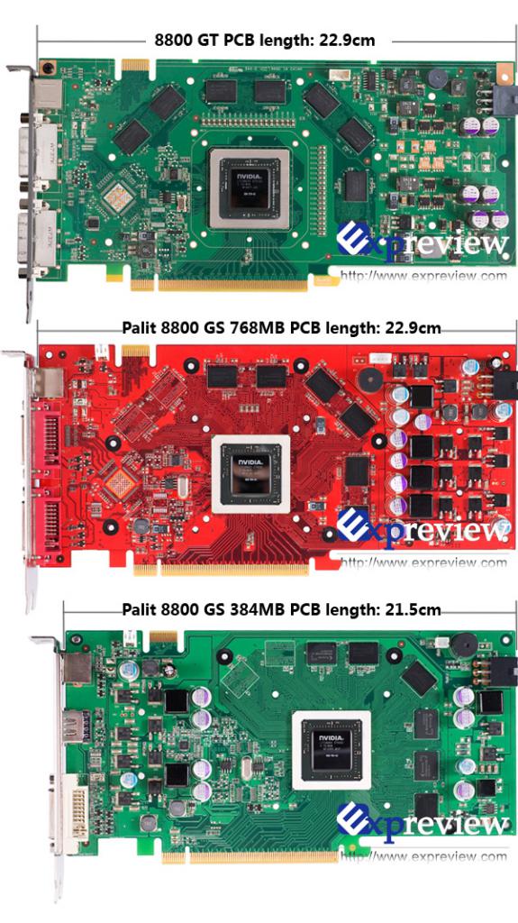 [23/01/2008] Die einzelnen Varianten der Geforce 8800 GS im Größenvergleich (Bild: Expreview.com)