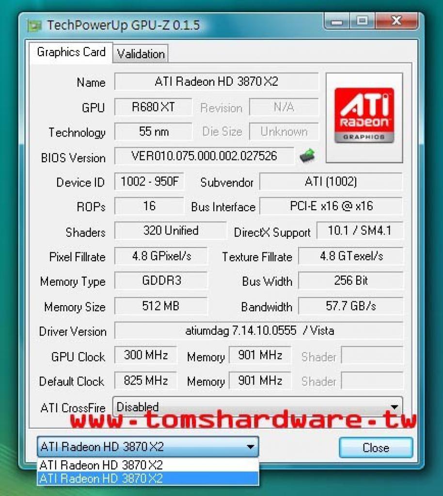 [25/01/2008] Radeon HD3870 X2: Das Tool GPU-Z liest 825 Megahertz GPU- und 900 Megahertz Speichertakt aus (Bild: Tomshardware.tw)
