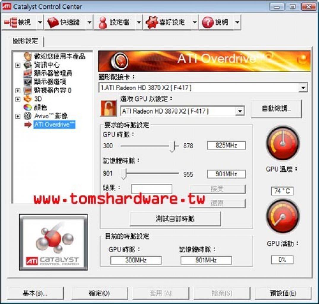 [25/01/2008] Radeon HD3870 X2: Auch während der Test stieg die Temperatur nicht über 74 Grad Celsius an (Bild: Tomshardware.tw)