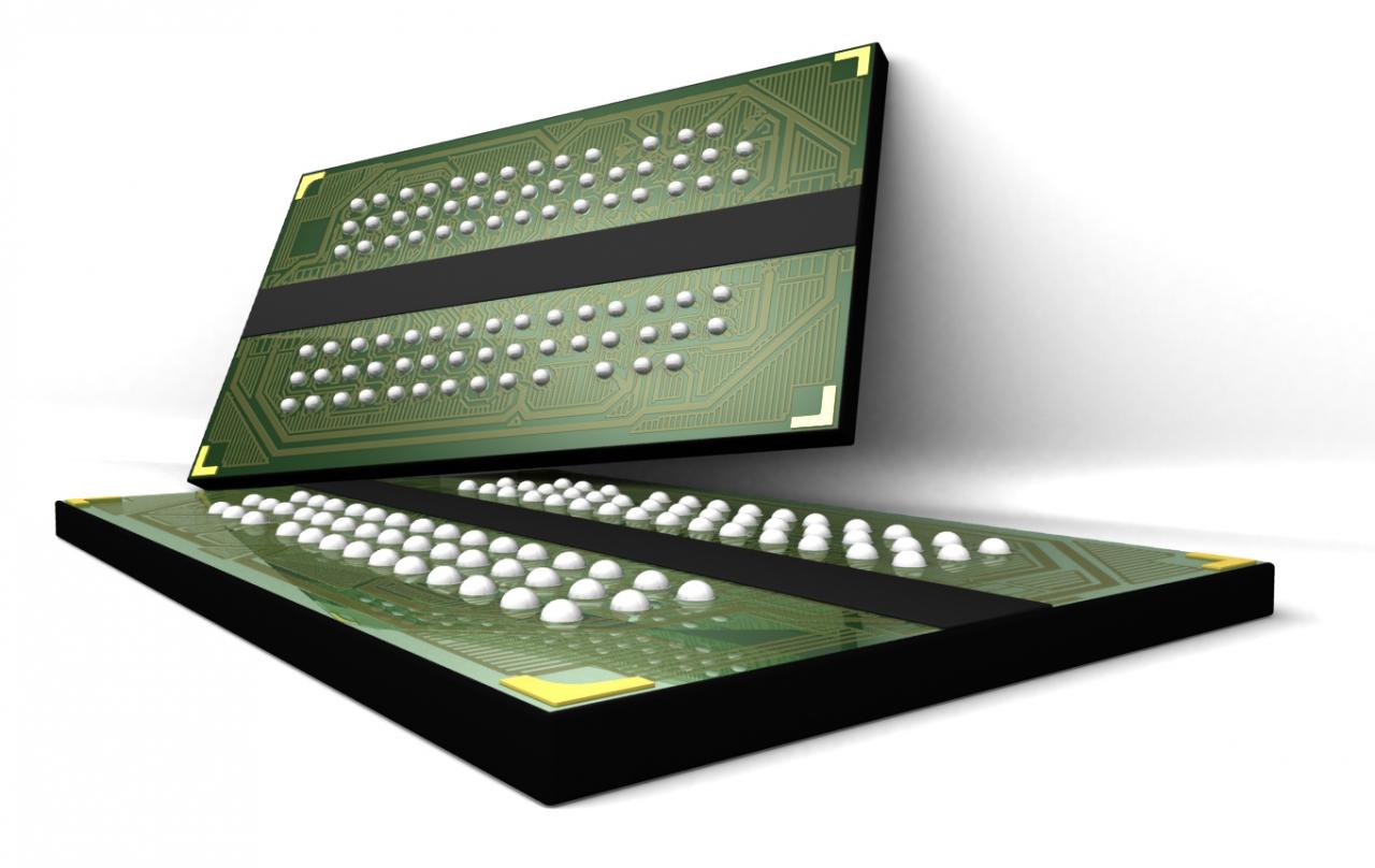 [17/01/2008] Schematische Darstellung eines DDR2-SDRAMs von der Unterseite. Gut zu erkennen sind die Bällchen des FCBGA-Packages. (Bild: Micron)
