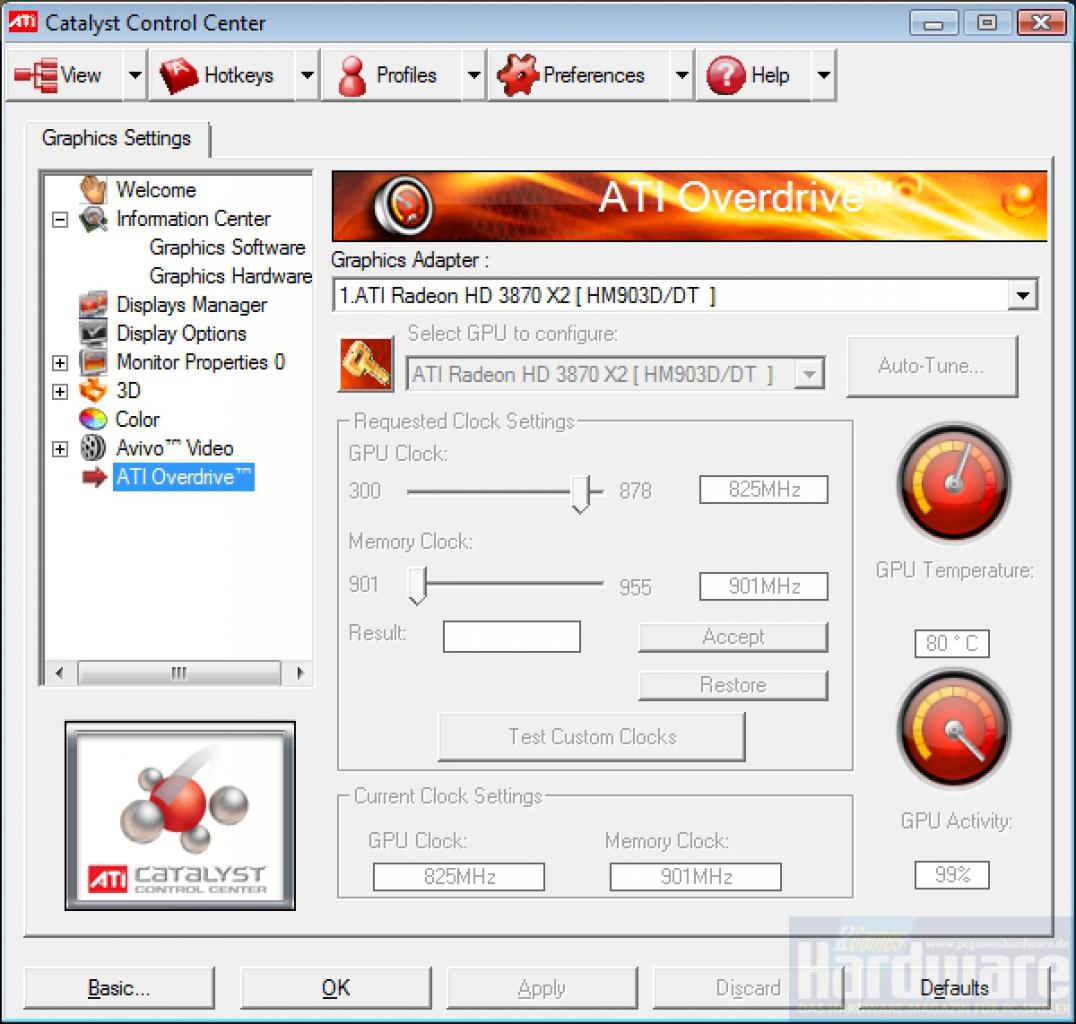 [27/01/2008] Radeon HD3870 X2: Das Overdrive-Menü zeigt 80 Grad Celsius unter Last an (Bild: PCGH)