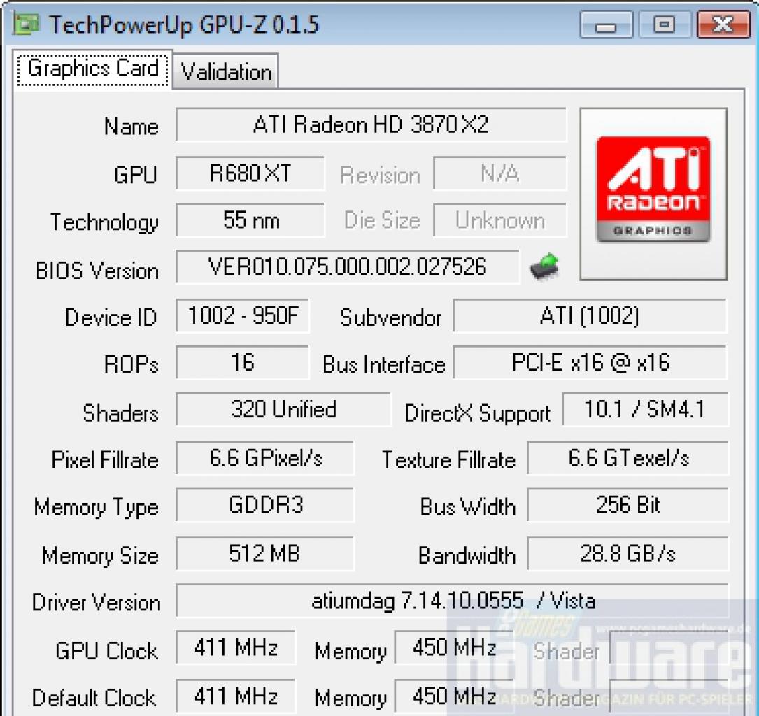[27/01/2008] Radeon HD3870 X2: GPUz zeigt interne Details (hier im niedriger getakteten Power-Play-State für 2D-Betrieb) (Bild: PCGH)