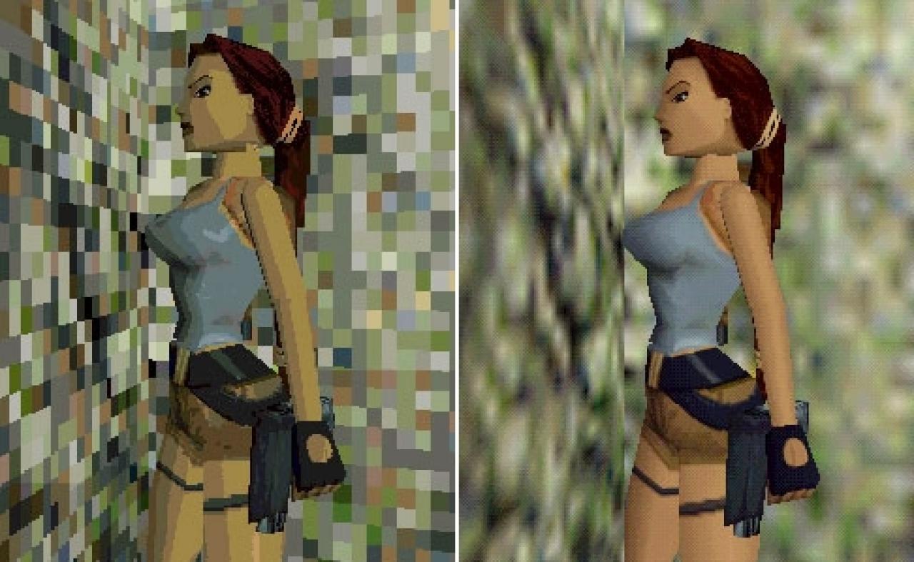 [12/01/2008] Tomb Raider: Bilineare Filterung aus (links) und an (rechts) (Bild: PCGH)