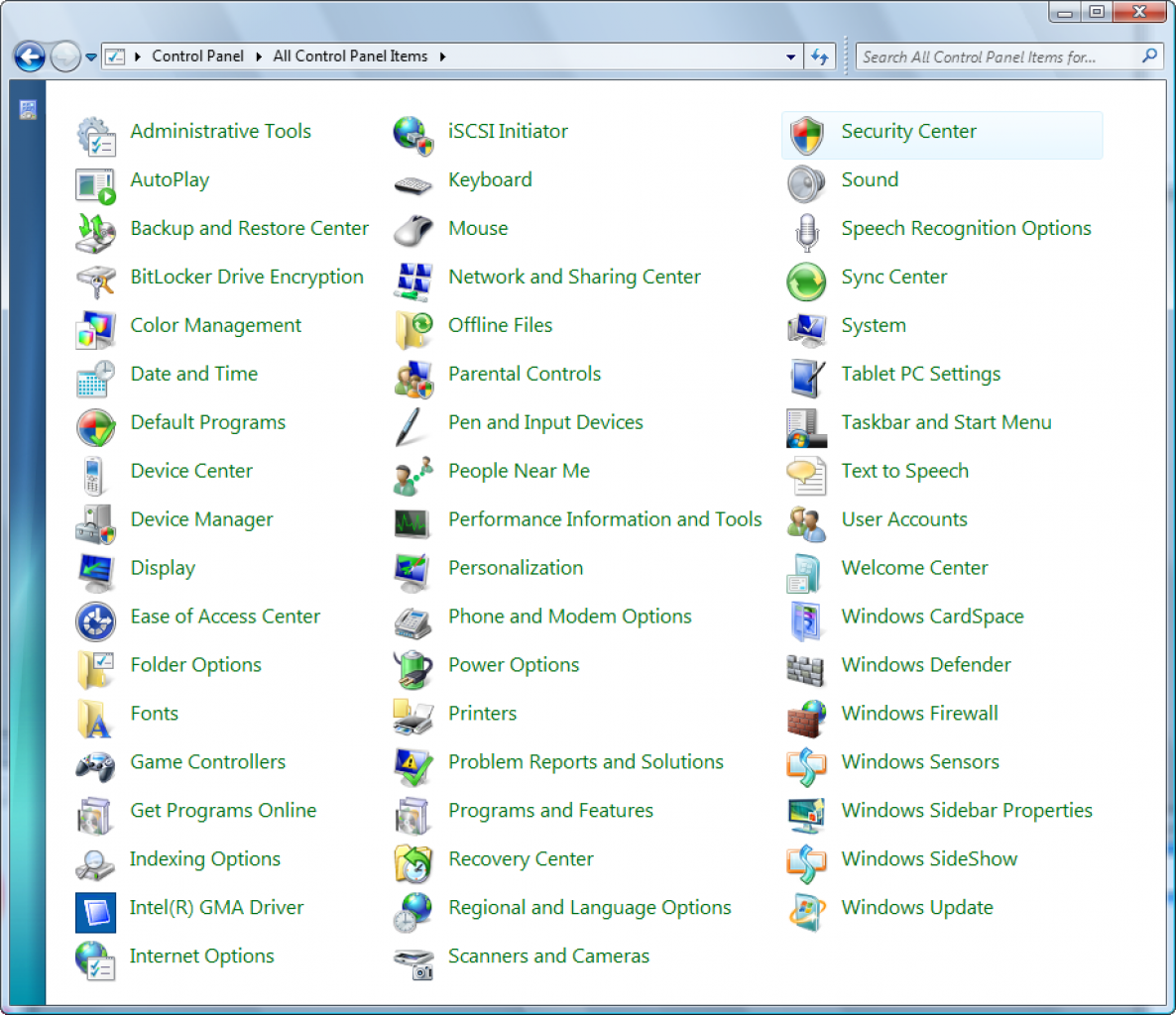 [30/01/2008] Windows 7: Das Control Panel mit allen neuen Programmen (Bild: thinknext)