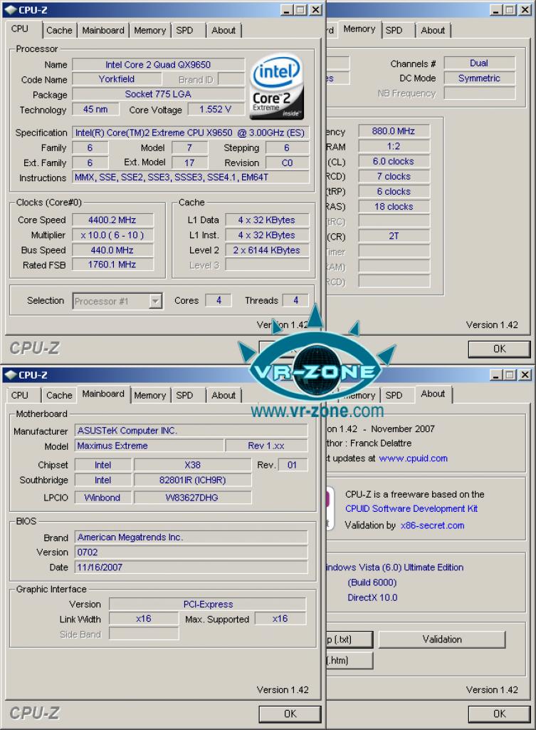 [12/01/2008] Der Leidensgenosse der 8800 GTS 512, ein auf 4.400 MHz übertakteter QX9650. (VR-Zone.com)
