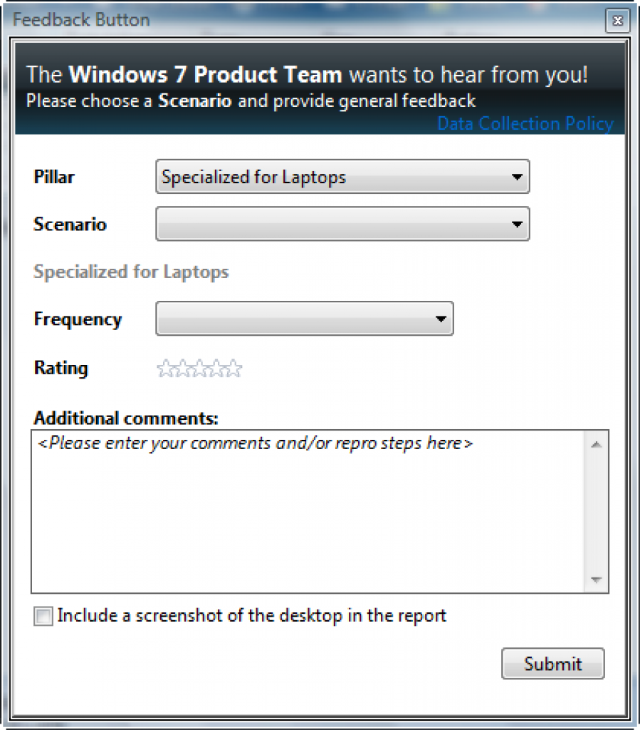 [30/01/2008] Windows 7: Das Feedbacktool in der Milestone 1 (Bild: thinknext)