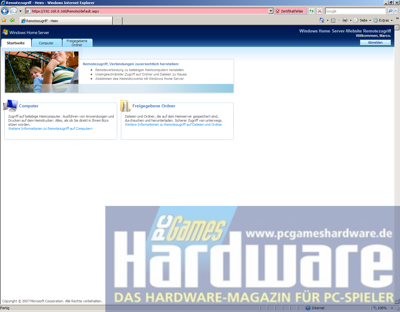 [11/01/2008] LEO Piranha Home Server: Remote-Zugriff per Internet Explorer (Bild: PCGH)