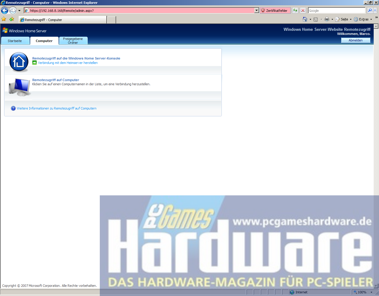 [11/01/2008] LEO Piranha Home Server: Remote-Zugriff per Internet Explorer (Bild: PCGH)