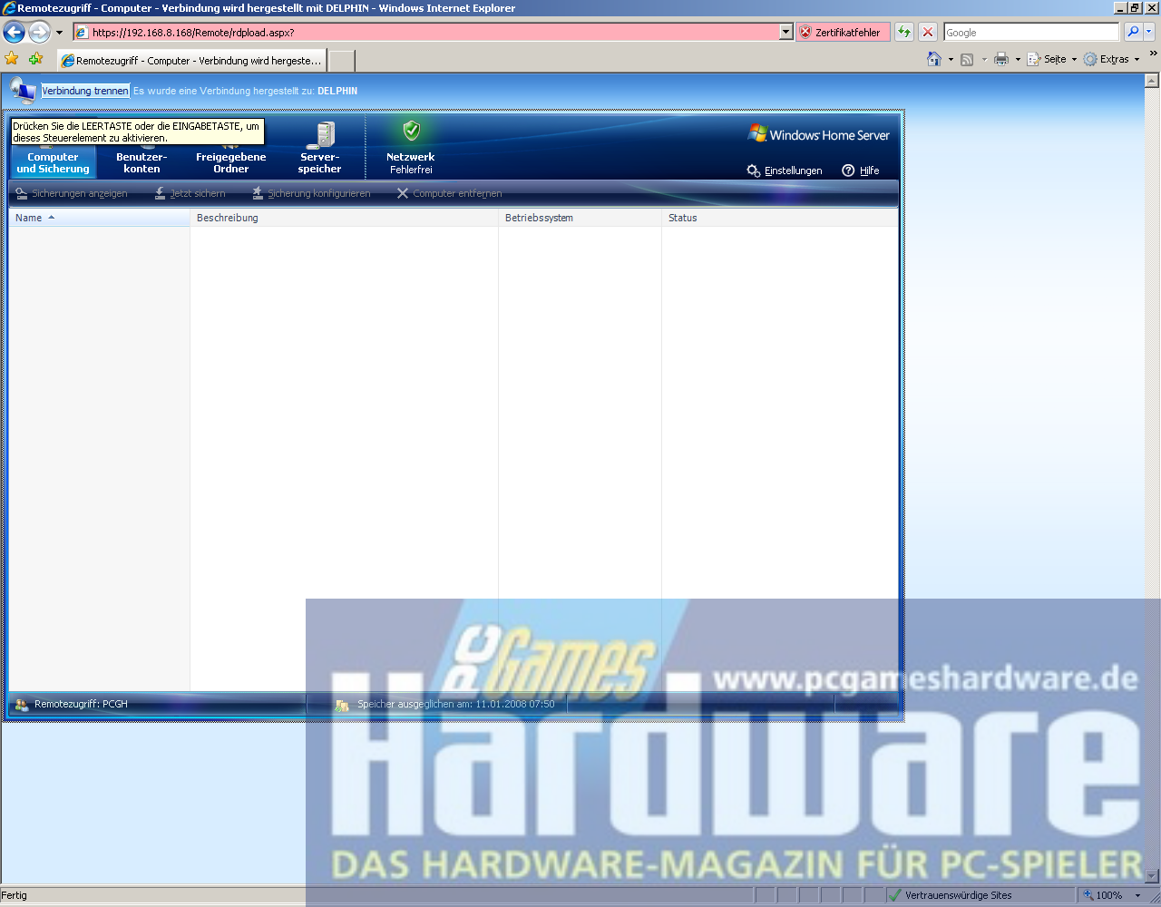 [11/01/2008] LEO Piranha Home Server: Remote-Zugriff per Internet Explorer (Bild: PCGH)