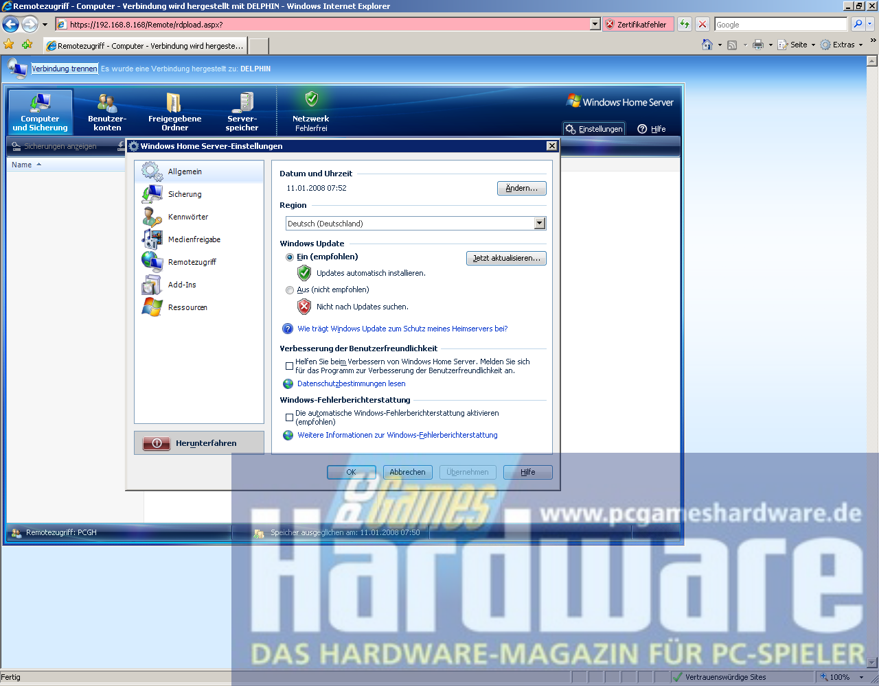 [11/01/2008] LEO Piranha Home Server: Remote-Zugriff per Internet Explorer (Bild: PCGH)