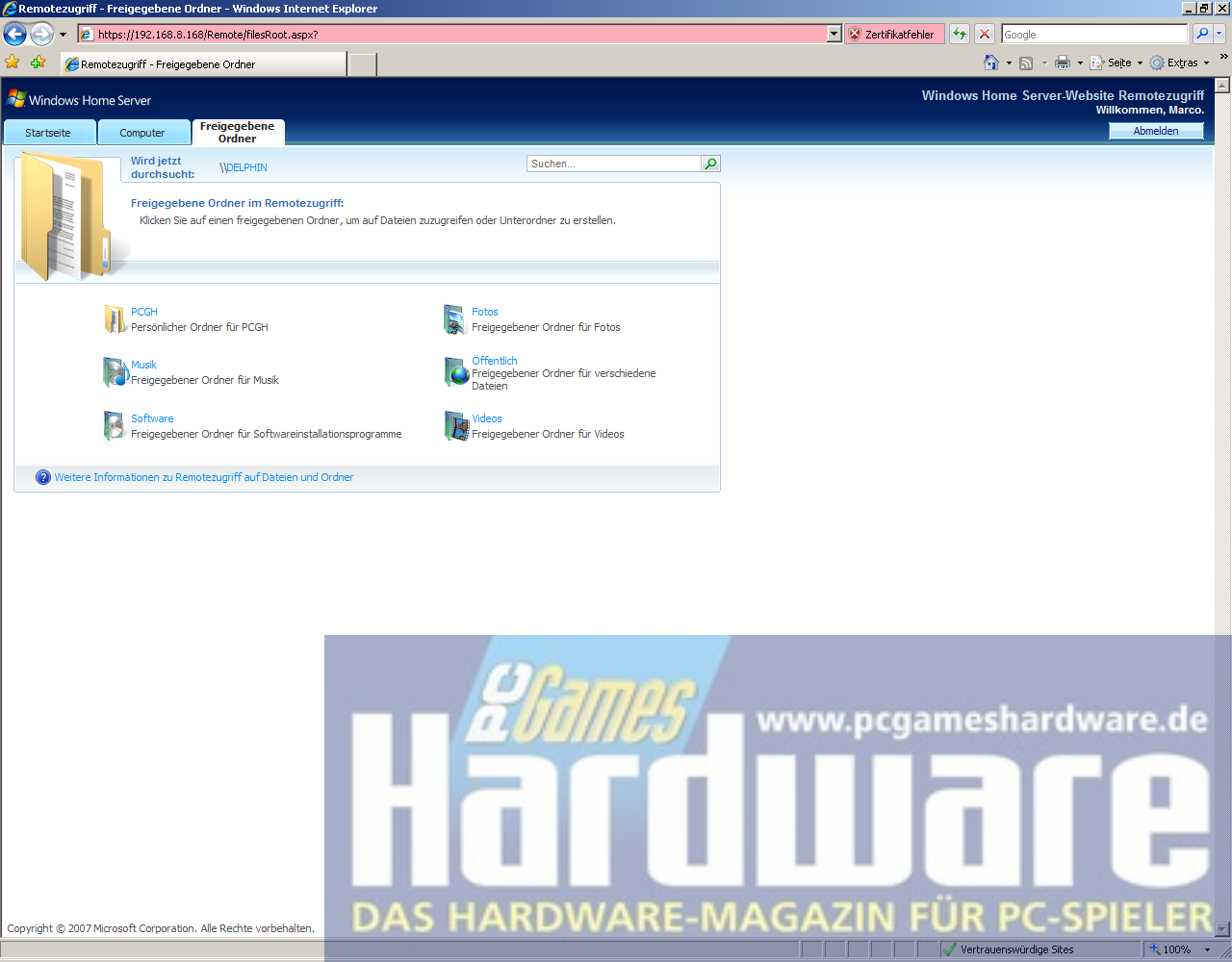 [11/01/2008] LEO Piranha Home Server: Remote-Zugriff per Internet Explorer (Bild: PCGH)