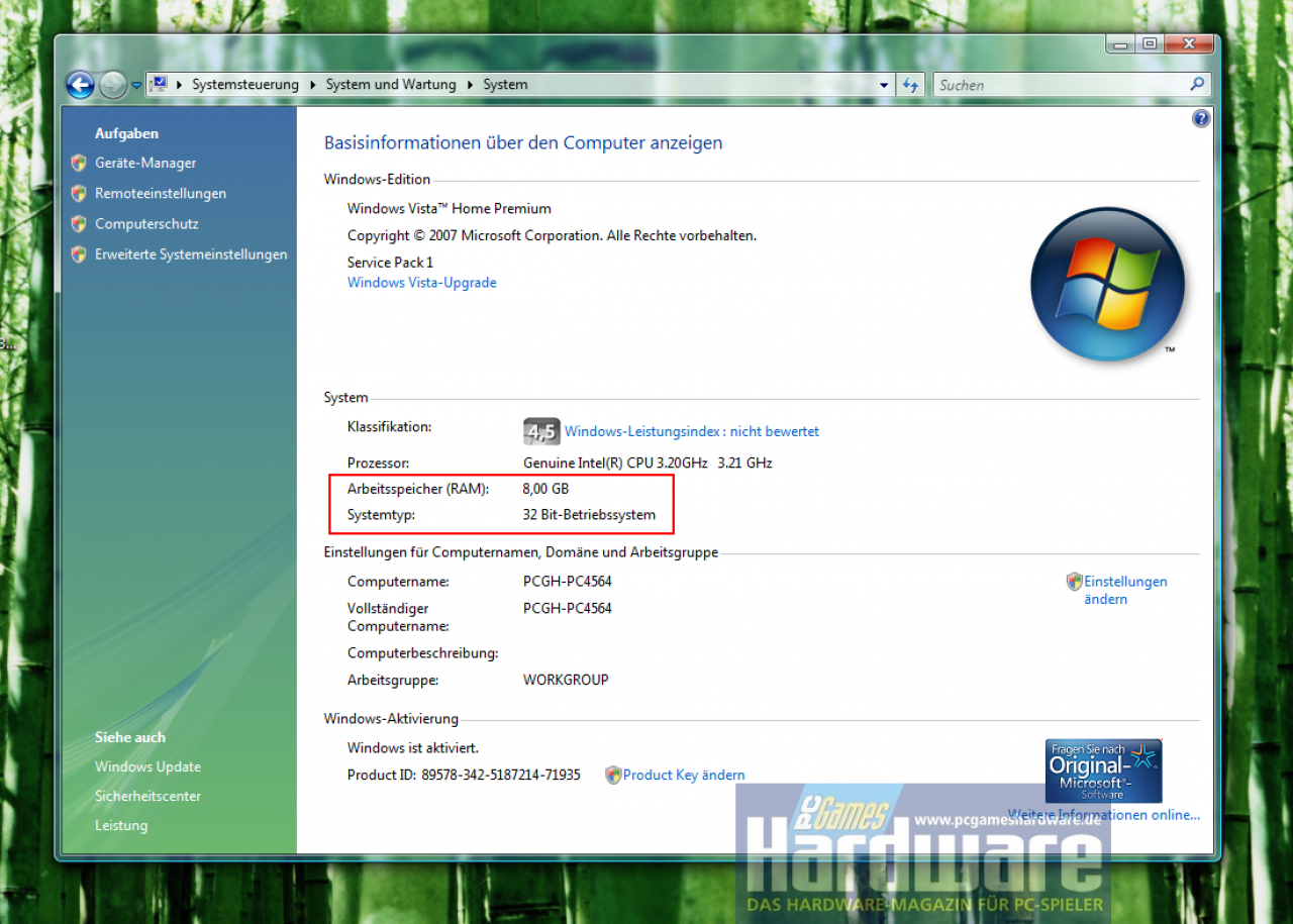 [20/02/2008] Windows Vista x86 mit Service Pack 1 zeigt die eingebauten 8 GiByte RAM an. (Bild: PCGH)