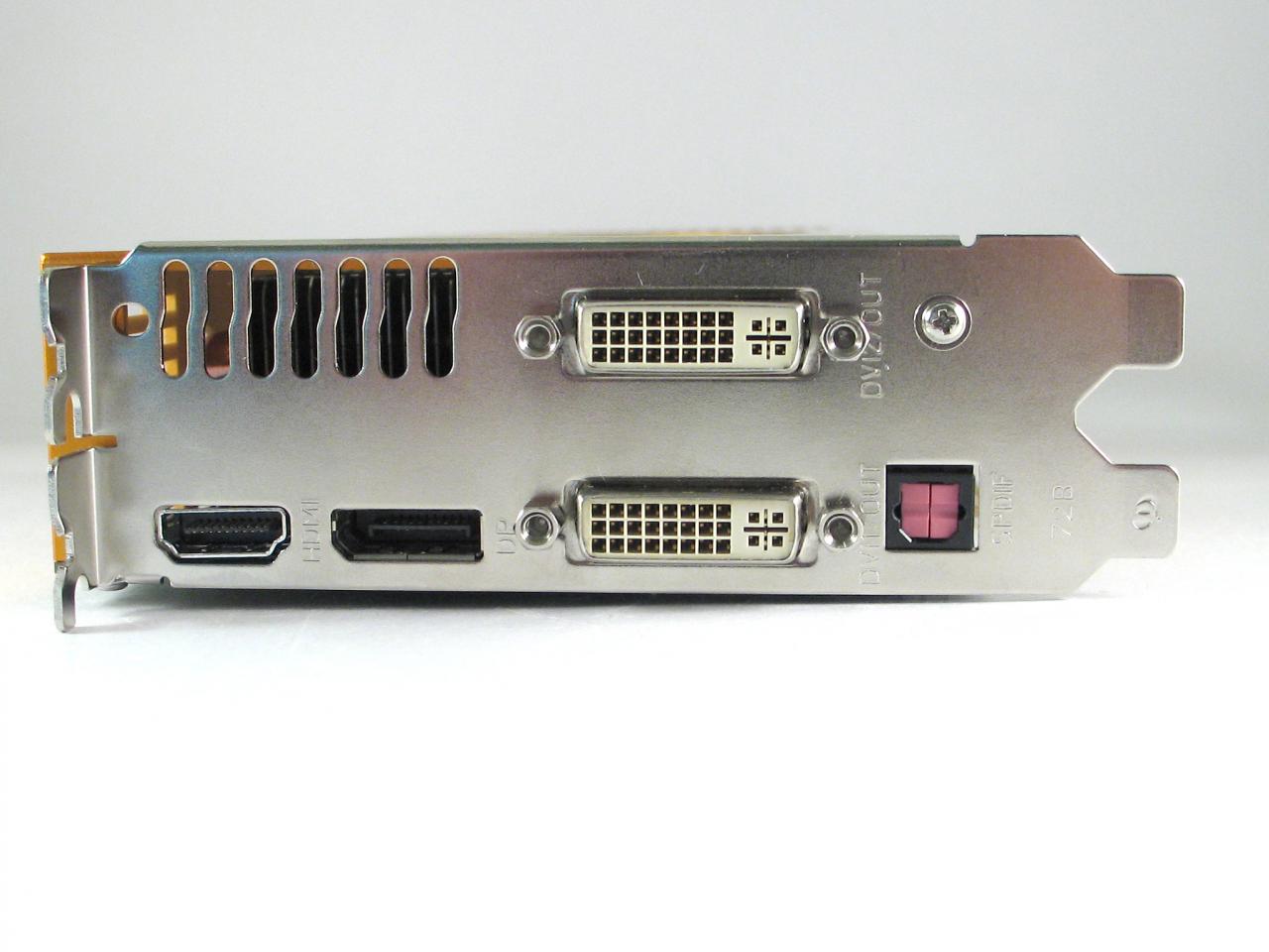 [25/02/2008] Palit/Xpertvision GeForce 9600 GT Sonic: Zweimal DVI-I, einmal HDMI und einmal Display-Port. Zusätzlich ein Digitaler SPDIF für Sound über HDMI. (Bild: Xpertvision)