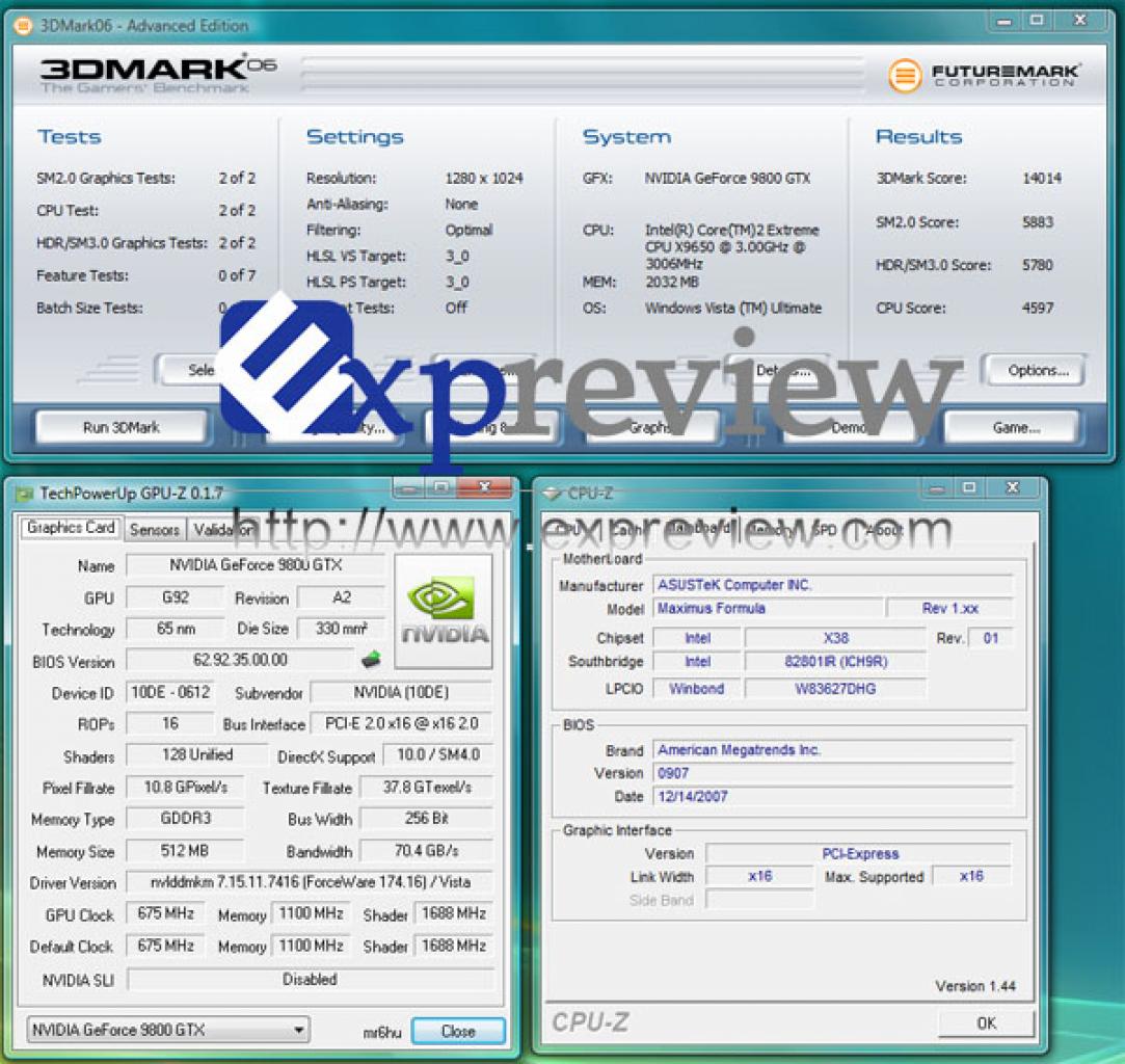 [26/02/2008] Nvidia: Der Screenshot bescheinigt der Geforce 9800 GTX die bereist vermuteten Taktraten und eine 3DMark06-Score von 14.014 Punkten (Bild: Expreview.com)