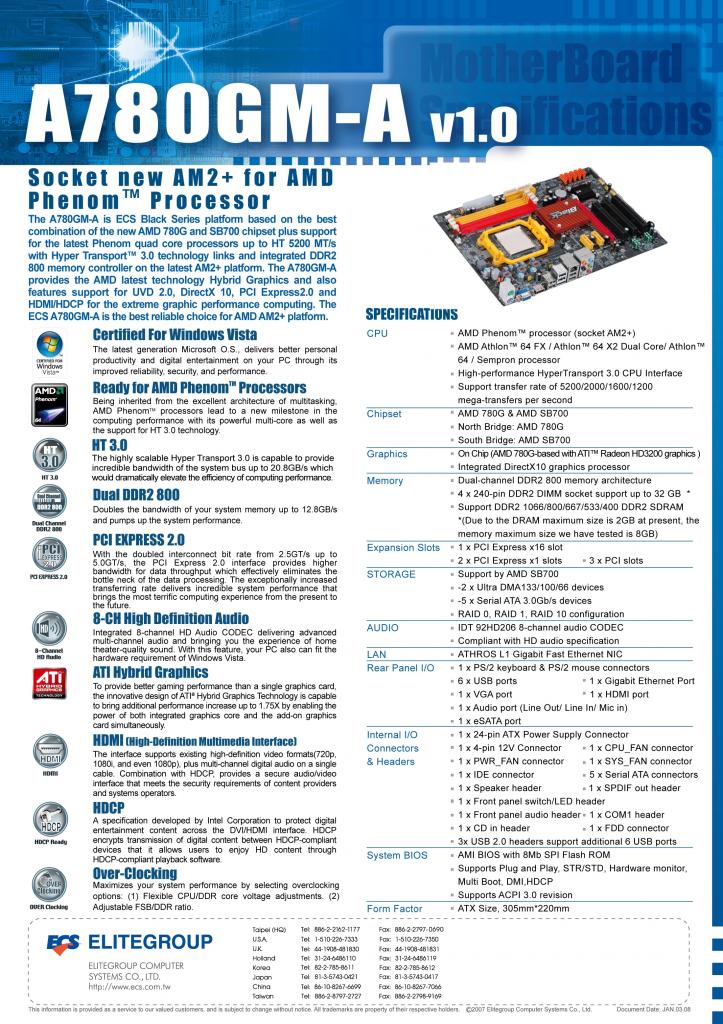 [18/02/2008] Hybrid Crossfire: ECS A780GM-A (Bild: ECS)