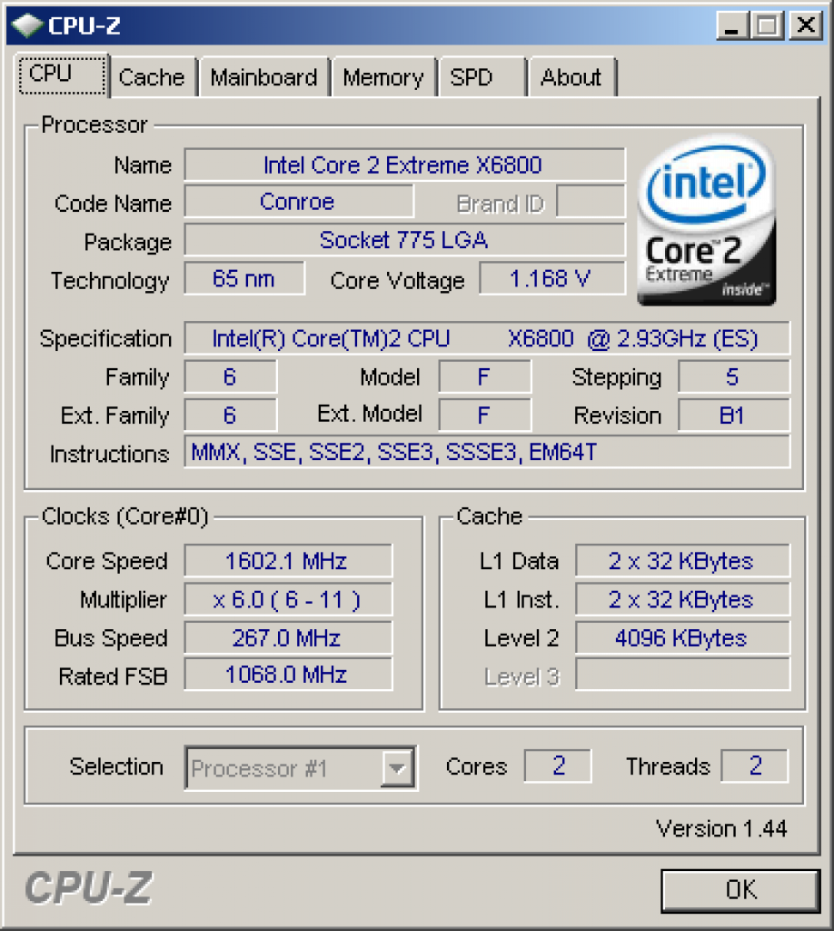 [09/02/2008] Das Info-Tool CPU-Z in Version 1.44 (Bild: CPU-Z)