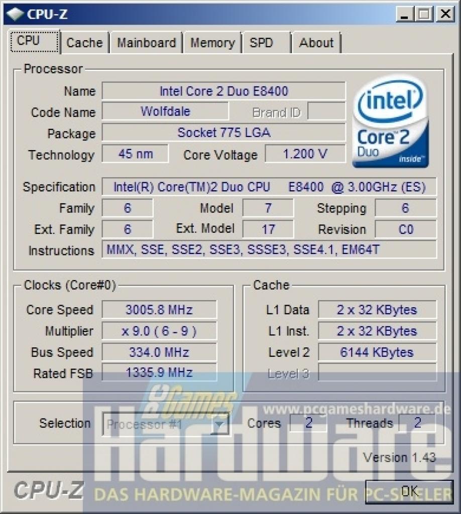 [26/02/2008] Der E8400 arbeitet mit 3 GHz, 333 MHz FSB und, wie alle bisherigen Wolfdale-CPUs, mit sechs MiByte Cache. (Bild: PCGH)