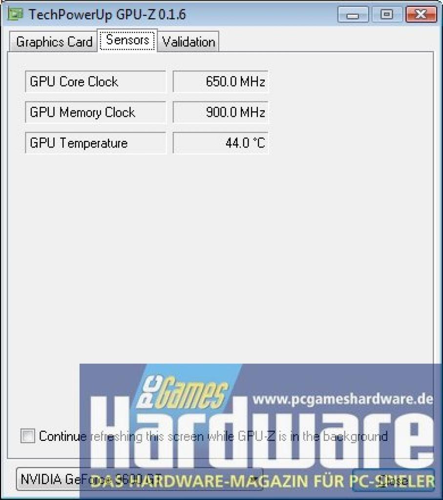 [21/02/2008] Geforce 9600 GT Review: GPU-Z 0.1.6 konnte bereits die Temperatur des G94-Chips korrekt auslesen (Bild: PCGH)