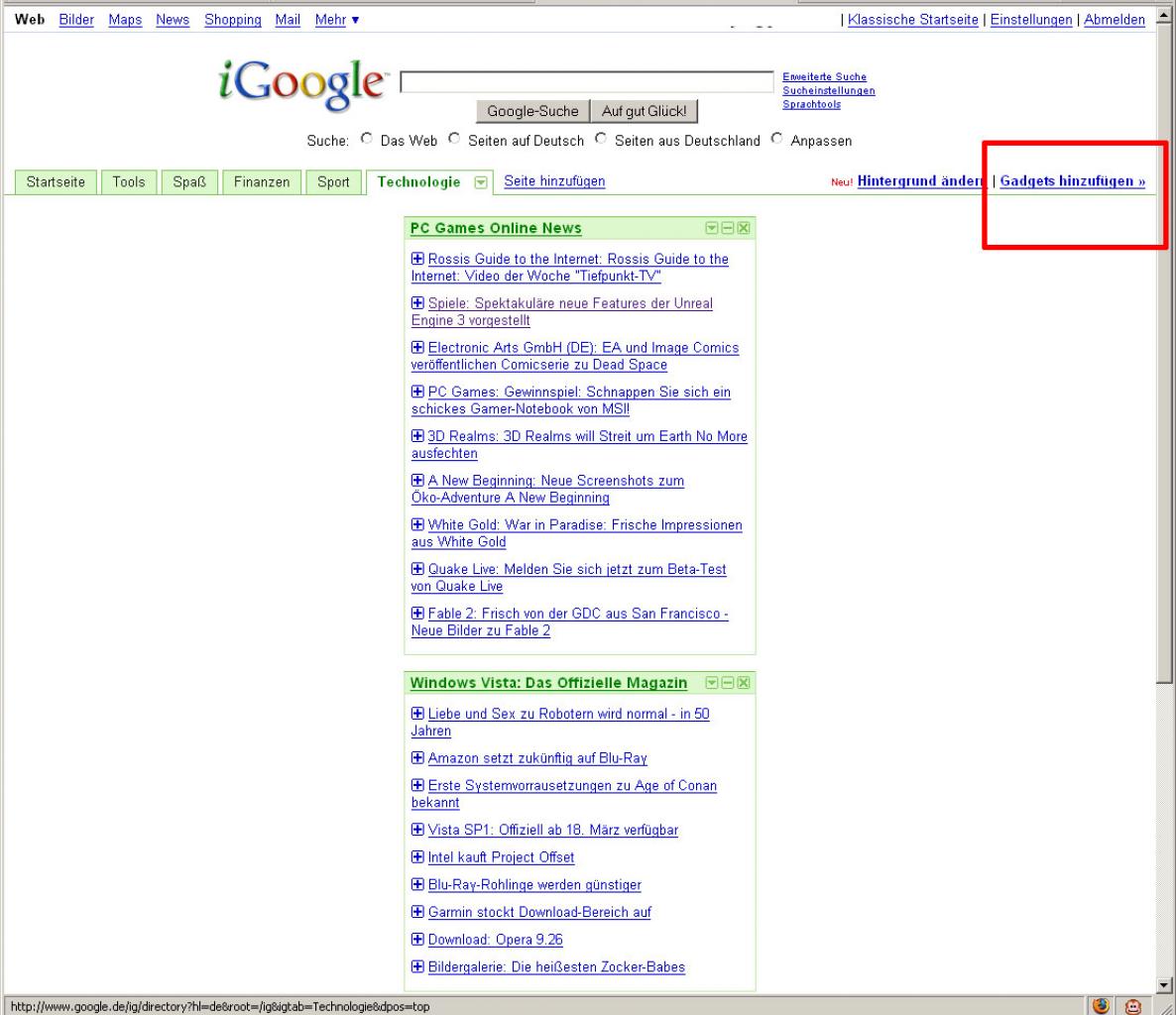 [21/02/2008] PCGH bei Igoogle - Schritt 1: Gadget hinzufügen