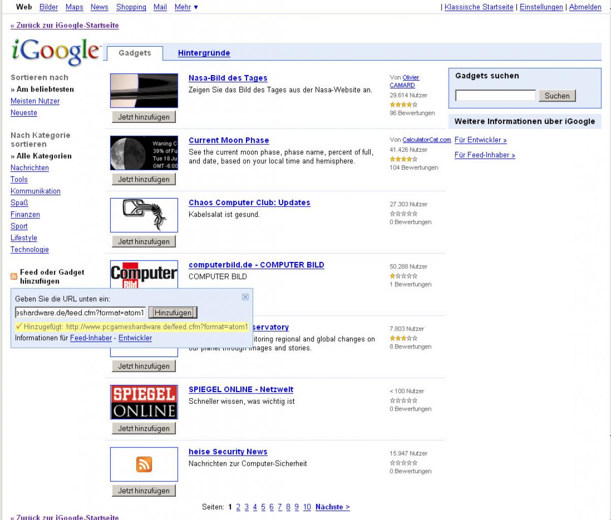[21/02/2008] PCGH bei Igoogle - Schritt 3: Der korrekte RSS-Feed ist wichtig.