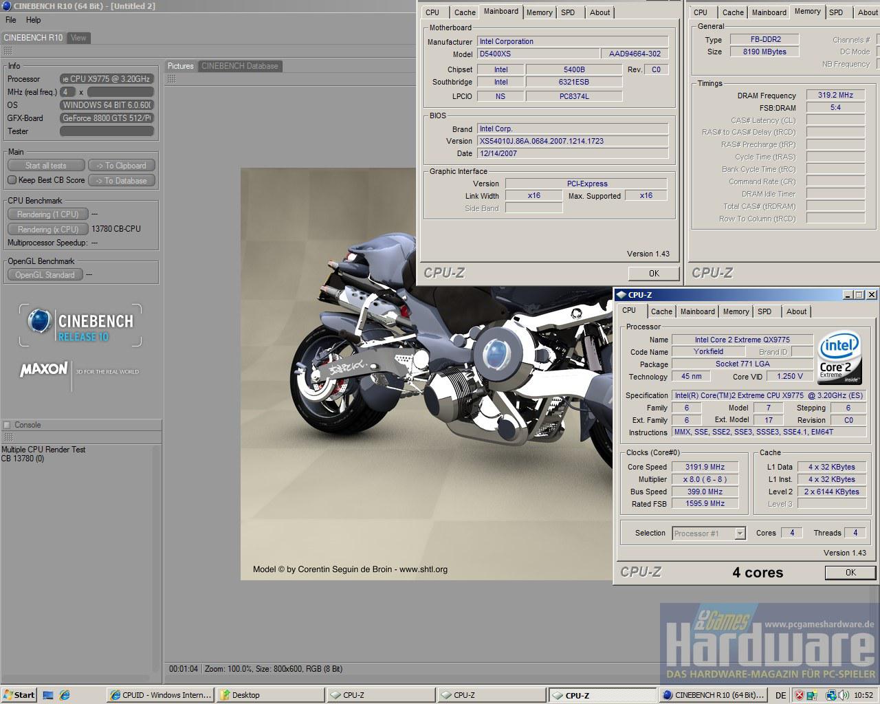 [03/02/2008] Skulltrail: Cinebench R10 mit vier Kernen. (Bild: PCGH)