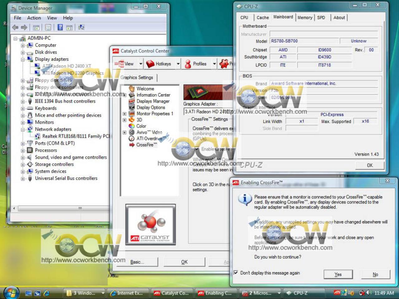 [20/02/2008] Hybrid-Crossfire: wurde mit einer Radeon 2400XT auf dem 780G-Board aktiviert (Bild: ocworkbench.com)