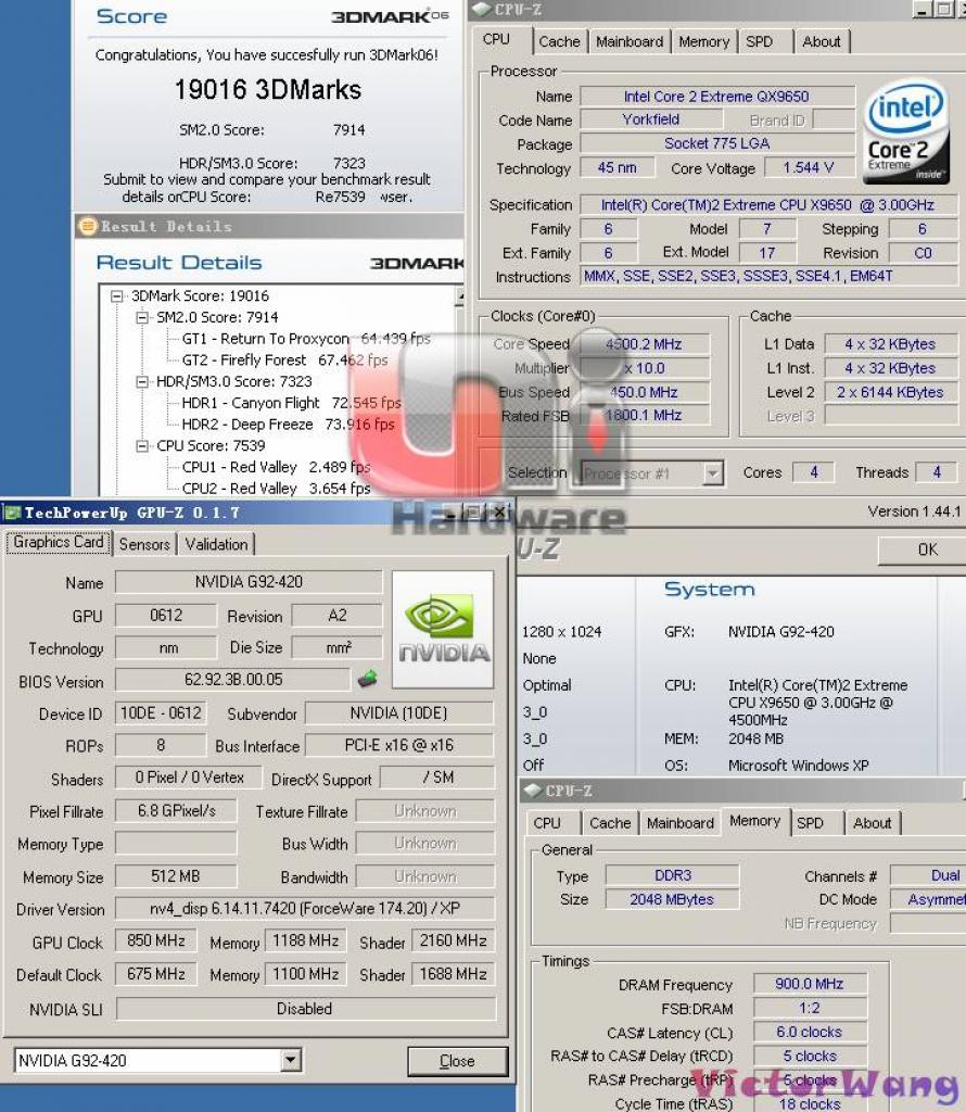 [10/03/2008] 3DMark06: Dank einem 4,5 Gigahertz schnellen Intel Core 2 Quad QX9650 sieht das Ergebnis gleich anders aus (Bild: unihw.com)