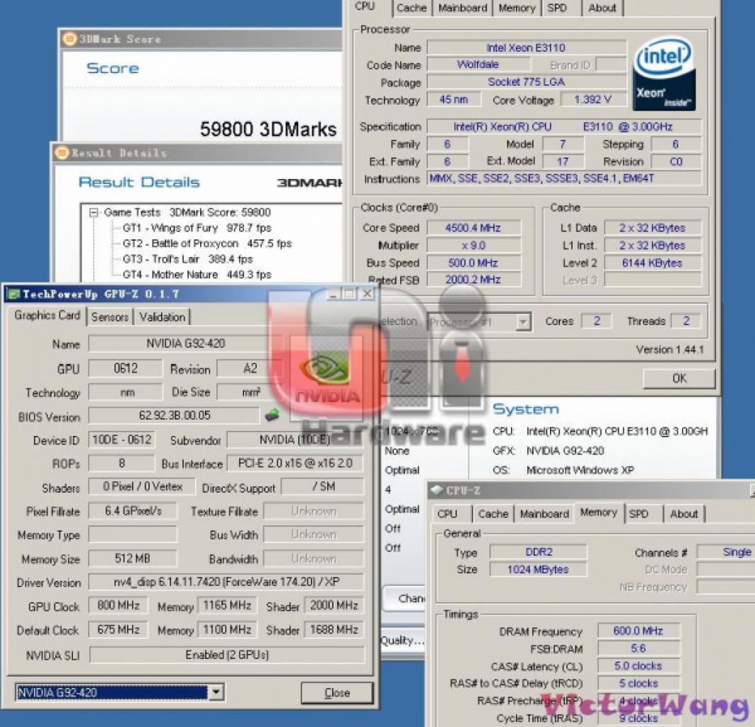 [11/03/2008] 3DMark03: Zwei Geforce 9800 GTX im SLI-Verbund, auf Grund von mainboard-spezifischen Problemen war ein Durchlauf des 3DMarks05 und 3DMark06 mit 500 Megahertz FSB nicht möglich (Bild: unihw.com)
