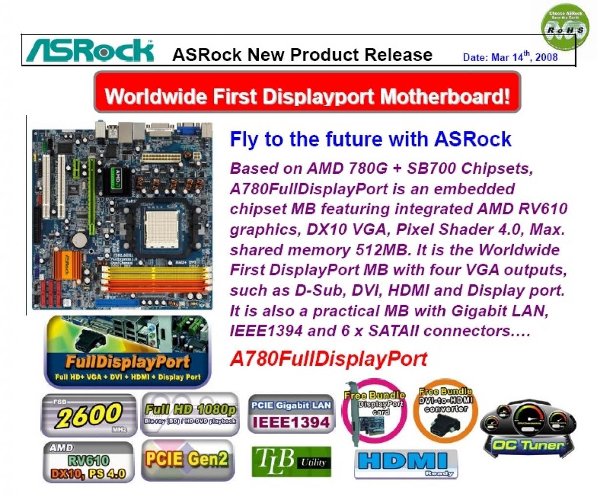 [12/03/2008] A780FullDisplayPort: 780G-Board mit Display-Port (Bild: Asrock)