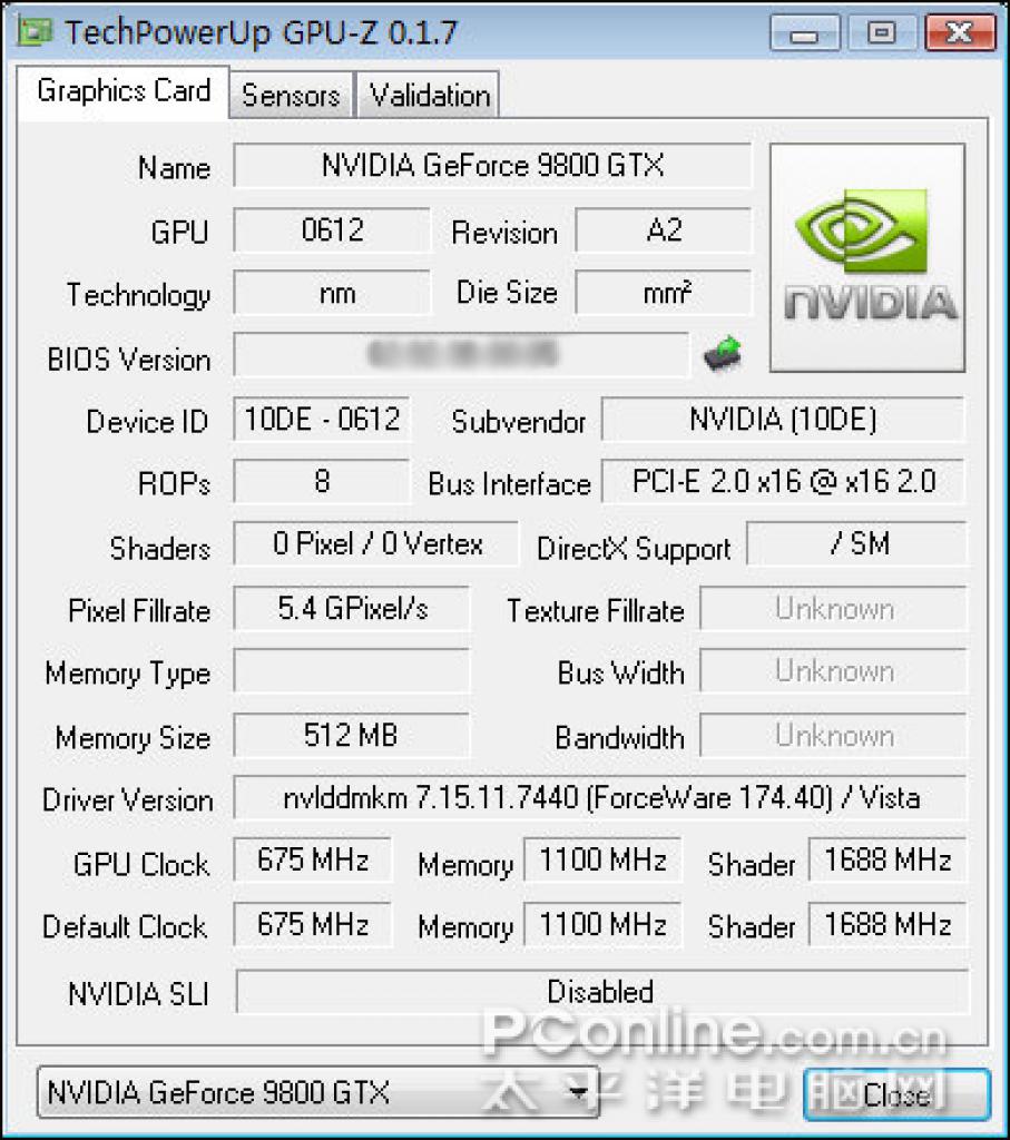 [15/03/2008] Geforce 9800 GTX: Das bekannte Tool GPU-Z liest 675/ 1.688 und 1.100 Megahertz für GPU, Shader und Speicher aus (Bild: pconline.com)