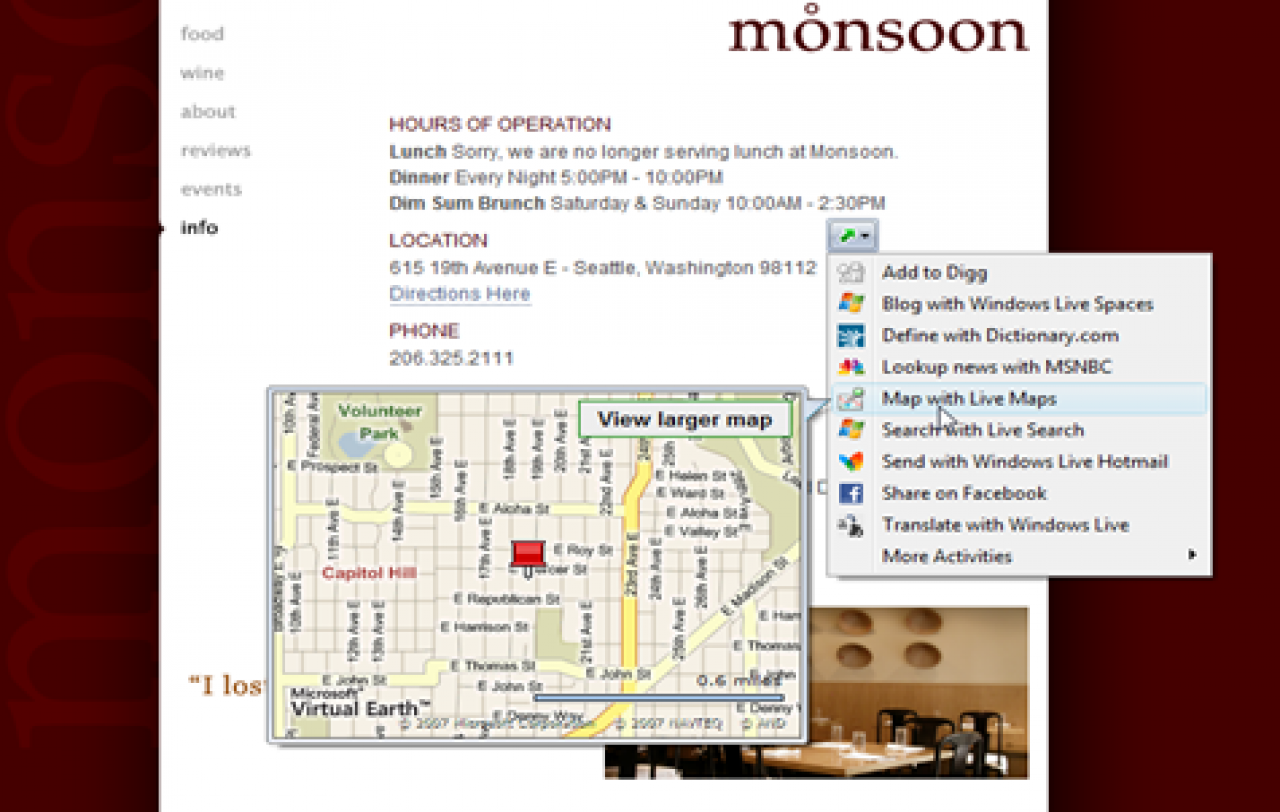 [28/03/2008] Activity: Sie markieren die Adresse, wählen über die rechte Maustaste den Dienst aus und sehen sofort einen Lageplan. (Bild: Microsoft)