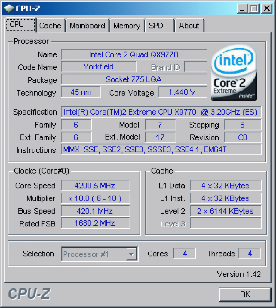 [28/03/2008] Intel Core 2 Extreme QX9770: CPU-Z-Screen bei OC auf 4,2 GHz
