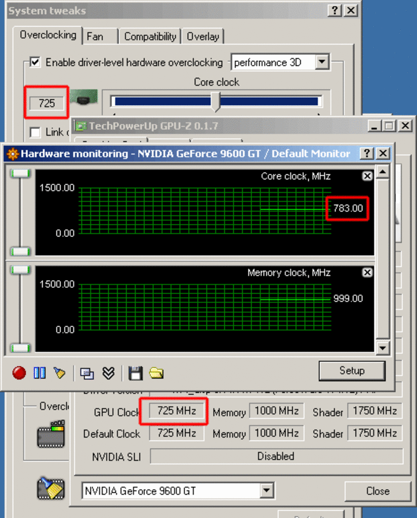 [02/03/2008] Beweisführung: Ausgelesene Taktraten mit dem Rivatuner und GPU-Z (Bild: techpowerup.com)