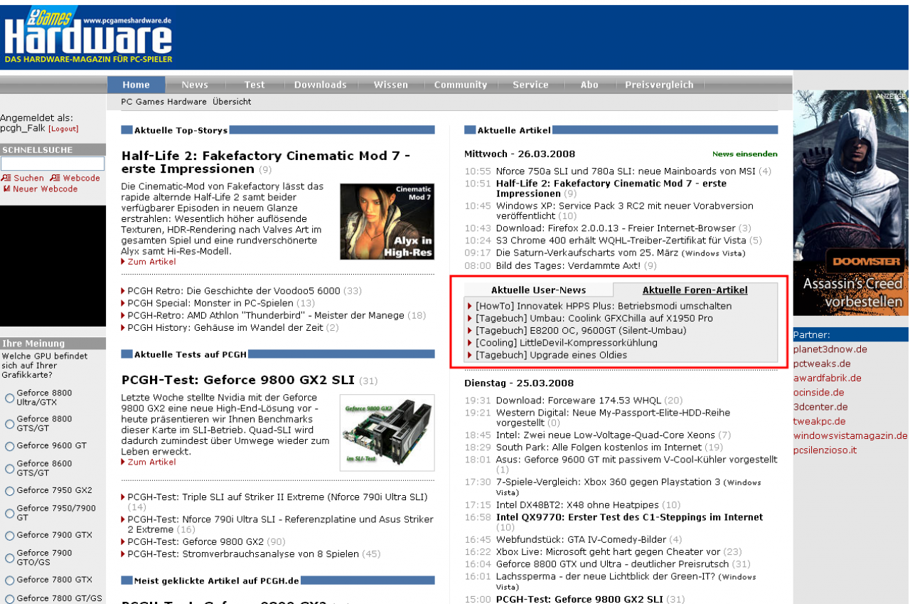 [26/03/2008] Schneller Zugriff auf die Extreme-Forenartikel von der PCGH-Startseite.