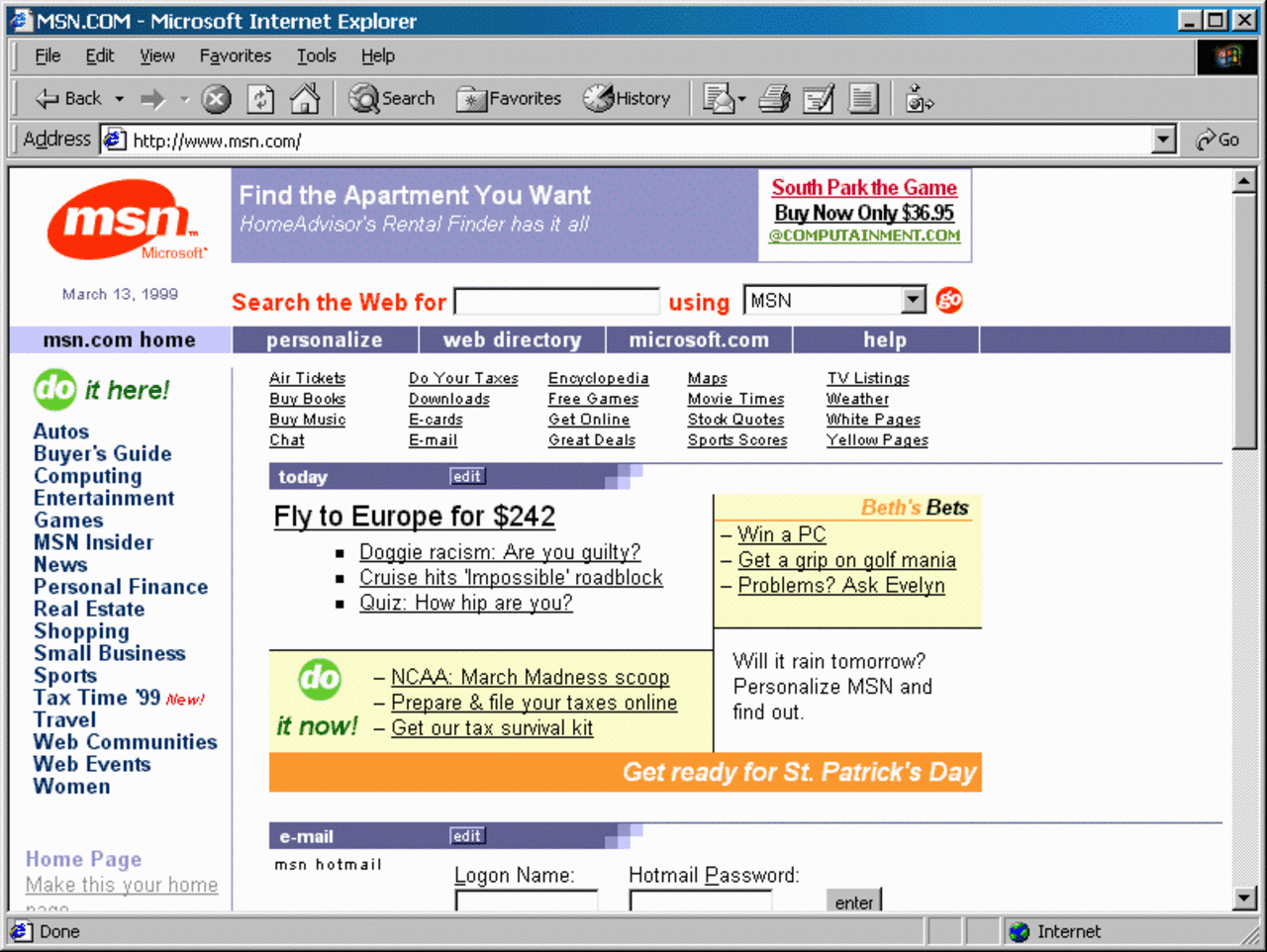 [17/03/2008] Der Internet Explorer 5 (wenige Tage vor seiner Veröffentlichung) - hier mit einer recht unansehnlichen MSN-Startseite. (Bild: winsupersite.com)