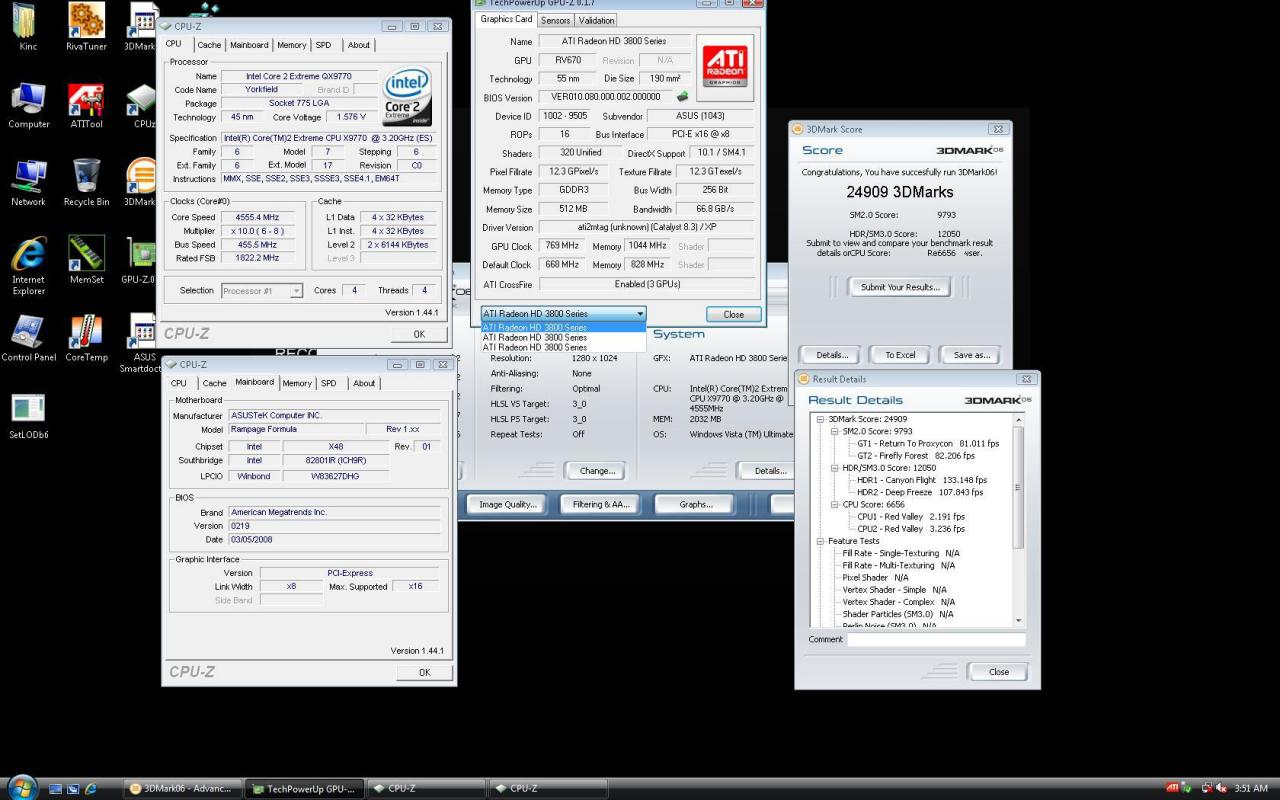 [27/03/2008] Asus EAH3850 Trinity: Im 3DMark06 erreichen die drei RV670-GPUs 24.909 Punkte (Bild: nordichardware.com)