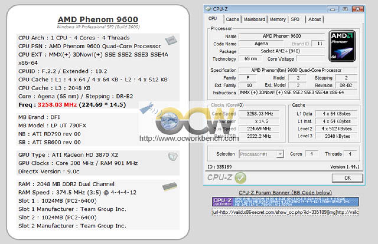 [26/03/2008] AMD: Der Phenom 9600 BE erreicht mit eine Multiplikator von 14,5 einen Takt von satten 3.258 Megahertz (Bild: ocworkbench.com)