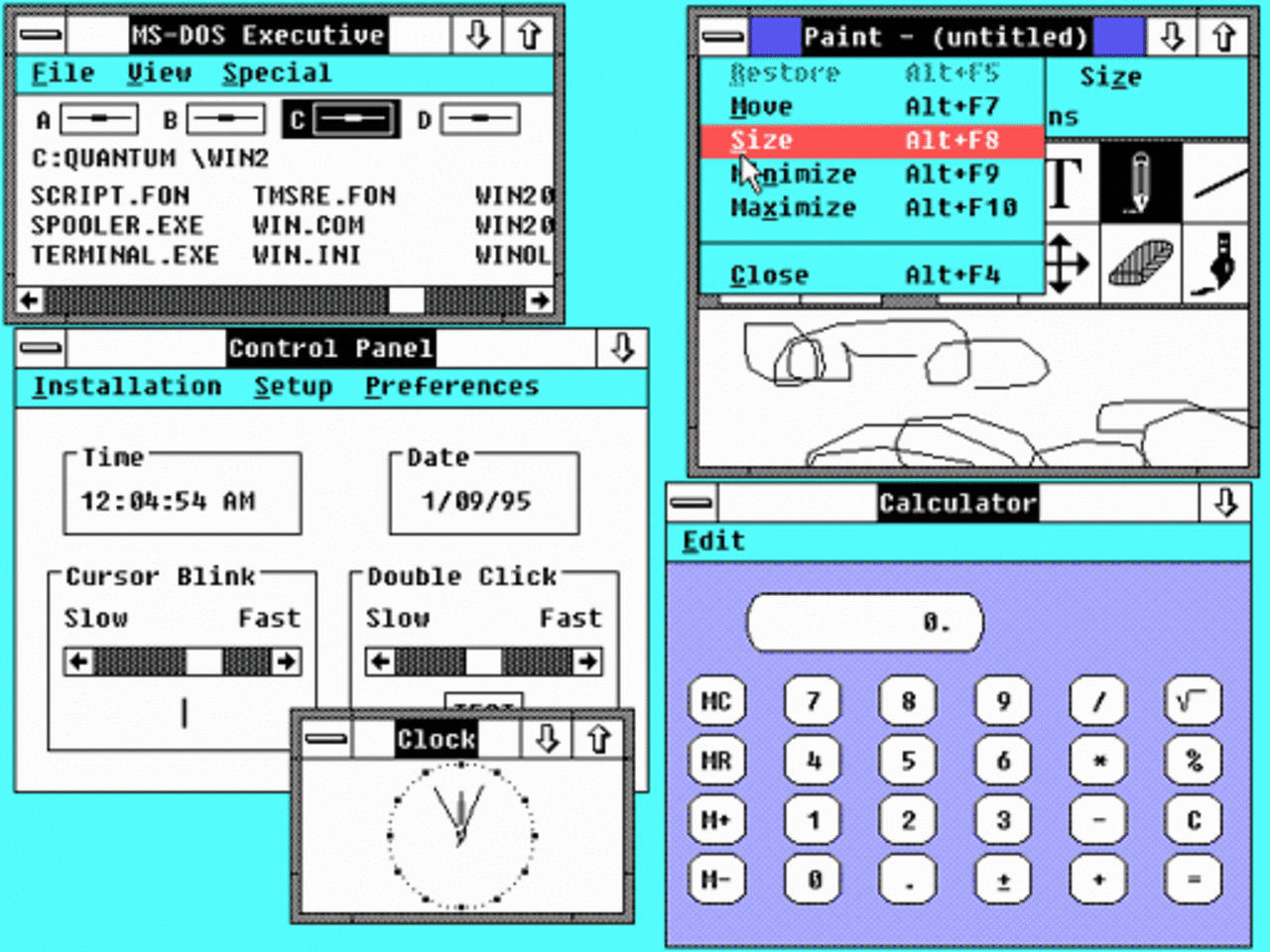[14/03/2008] Windows 2.0 konnte immerhin schon mit überlappenden Fenstern umgehen, Version 1.0 gelang das nicht. Technisch war aber auch diese Software der Mac-Konkurrenz unterlegen. (Bild: lowendmac.com)