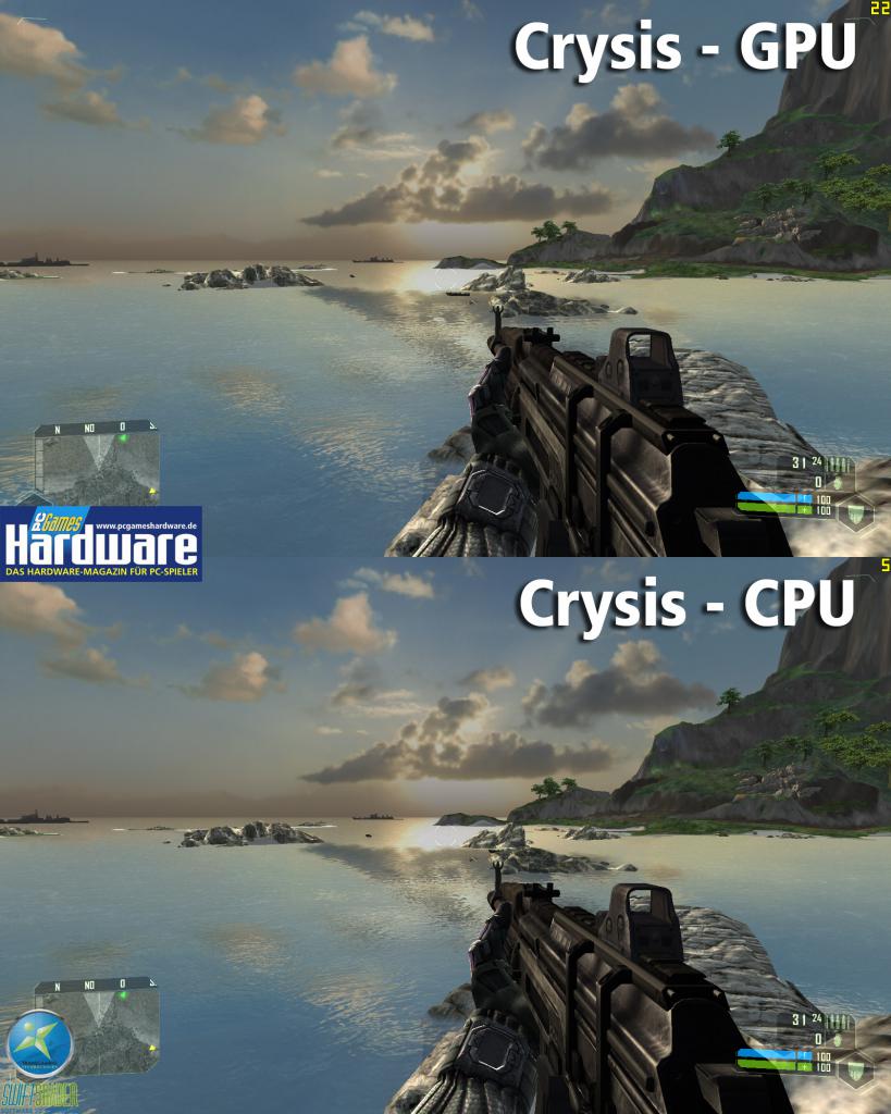 [05/04/2008] [bCrysis: Der Swiftshader filtert nur bilinear, der Rest der Szenerie sieht aber fast aus wie auf einer Grafikkarte gerendert. (Bild: PCGH)