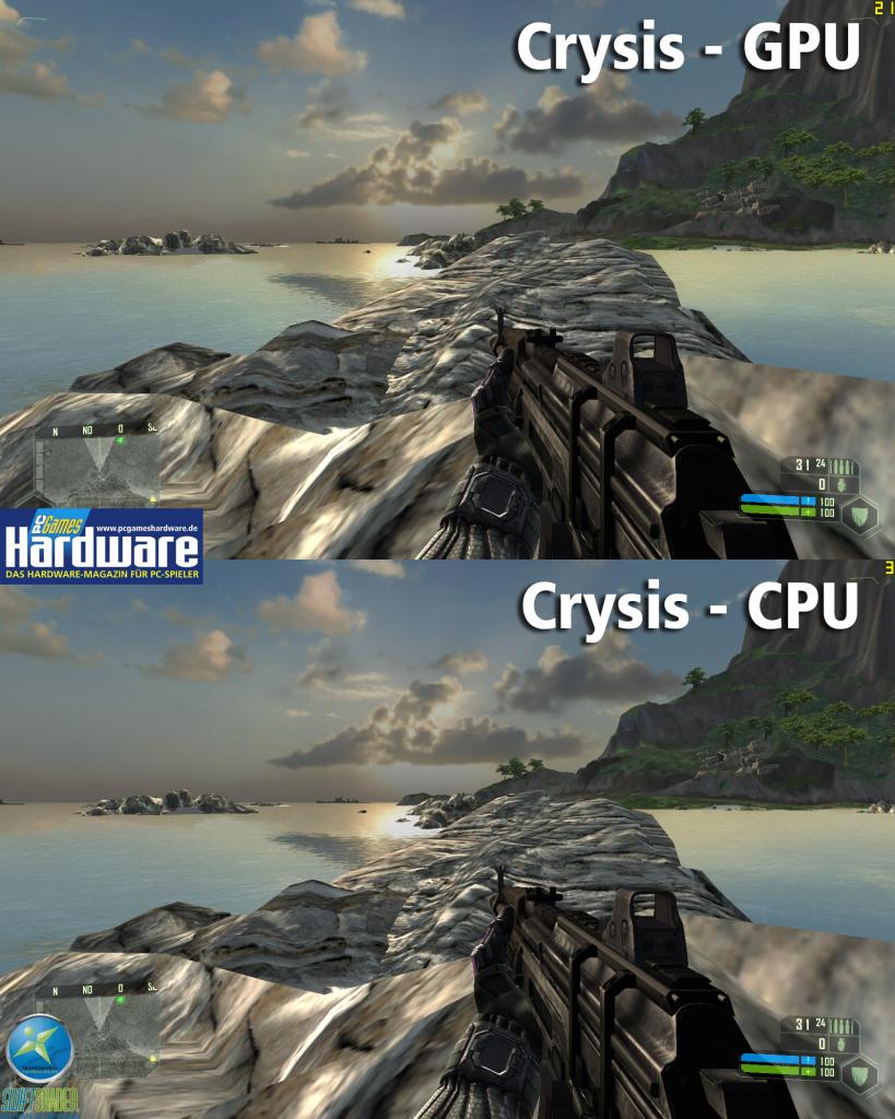 [05/04/2008] [bCrysis: Der Swiftshader filtert nur bilinear, der Rest der Szenerie sieht aber fast aus wie auf einer Grafikkarte gerendert. (Bild: PCGH)